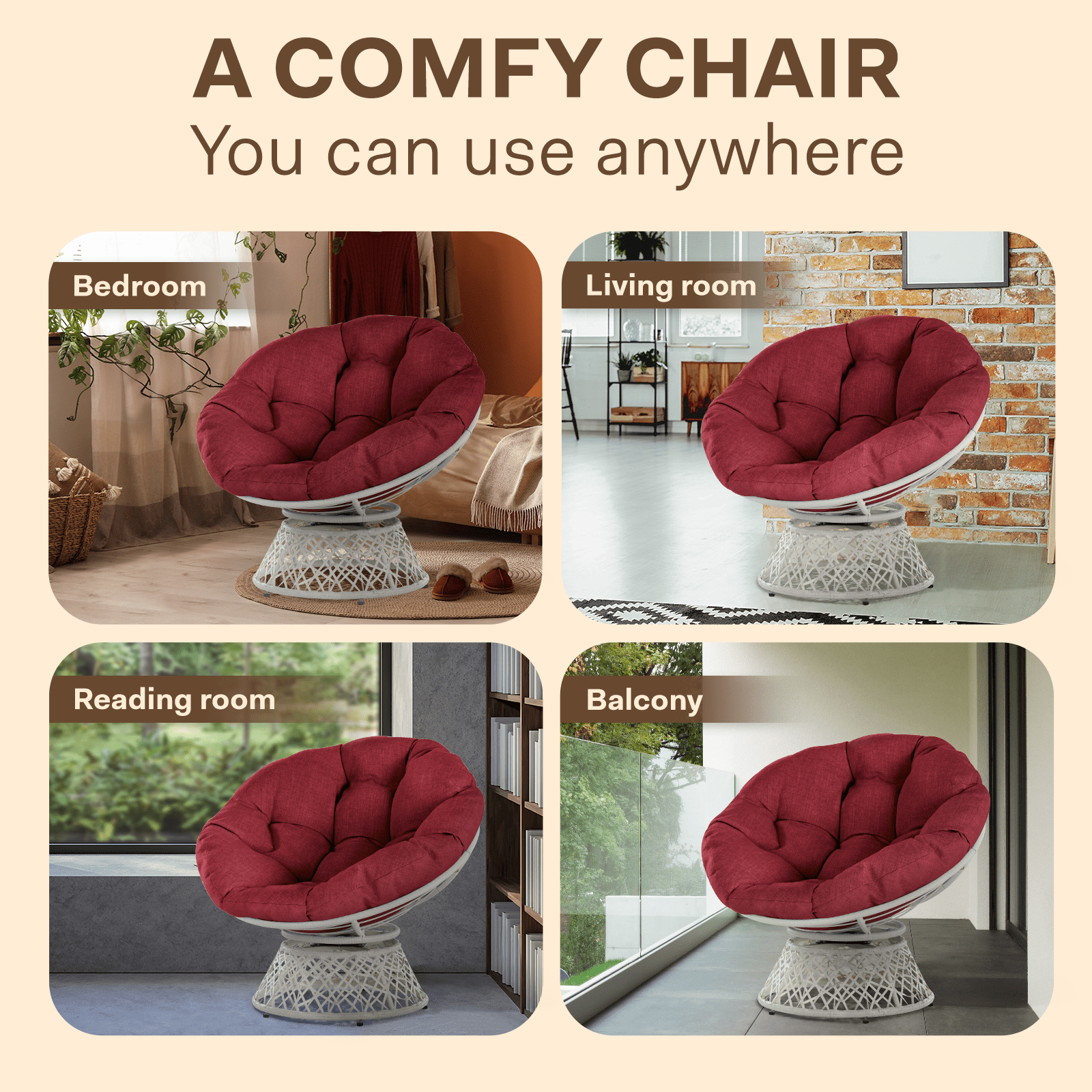 Bme 360 Swivel Comfy Papasan Chair with Fabric Cushion, Sturdy Metal Frame (Cream Vanilla - Black Frame)