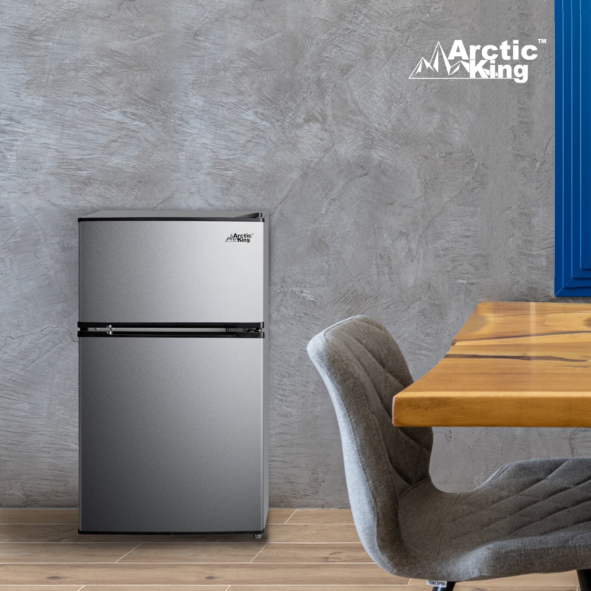 Arctic King 3.2 Cu ft Two Door Mini Fridge with Freezer, Stainless Steel, E-Star, ARM32D5ASL