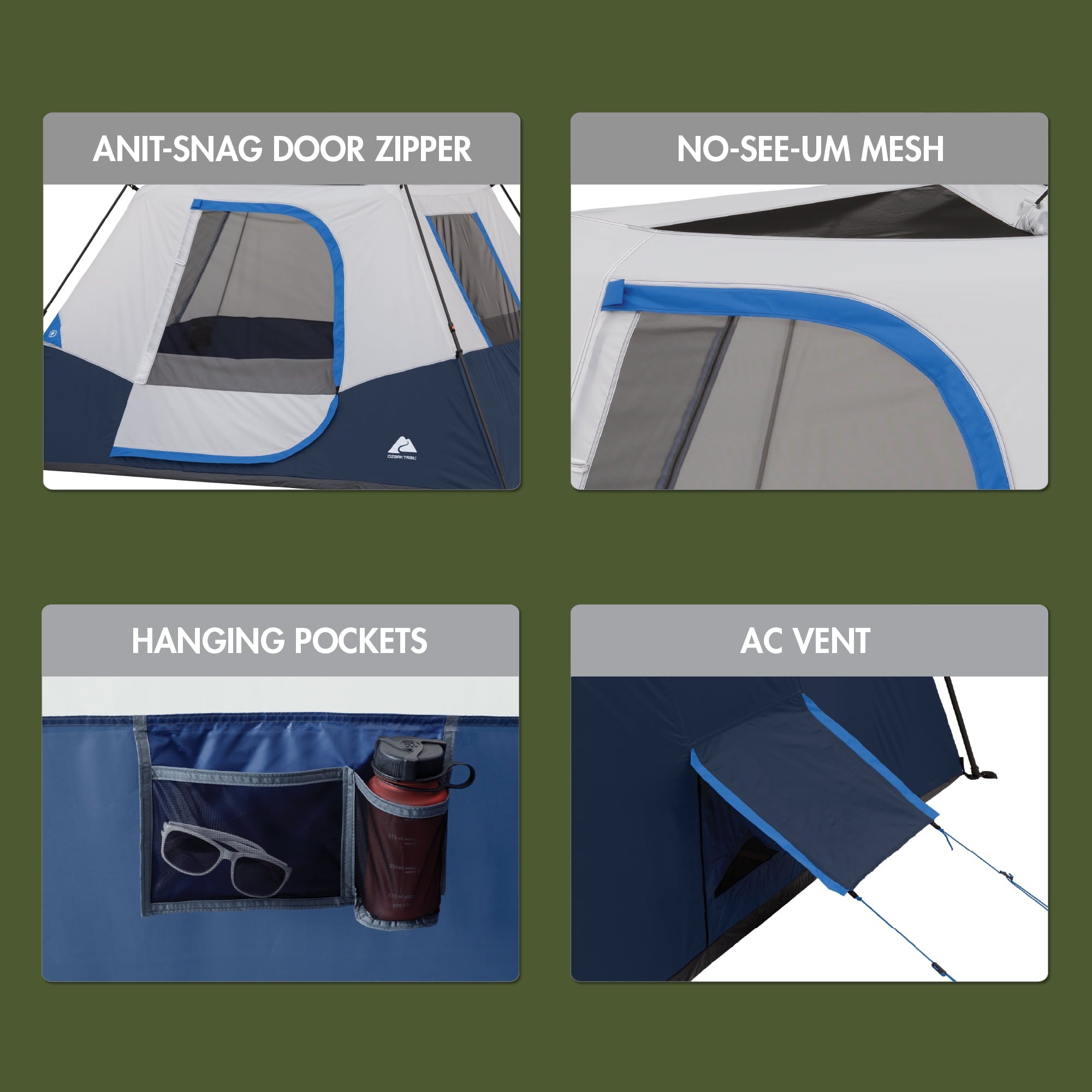 Ozark Trail 10' x 9' 6-Person Instant Cabin Tent with LED Lighted Hub, 25 lbs