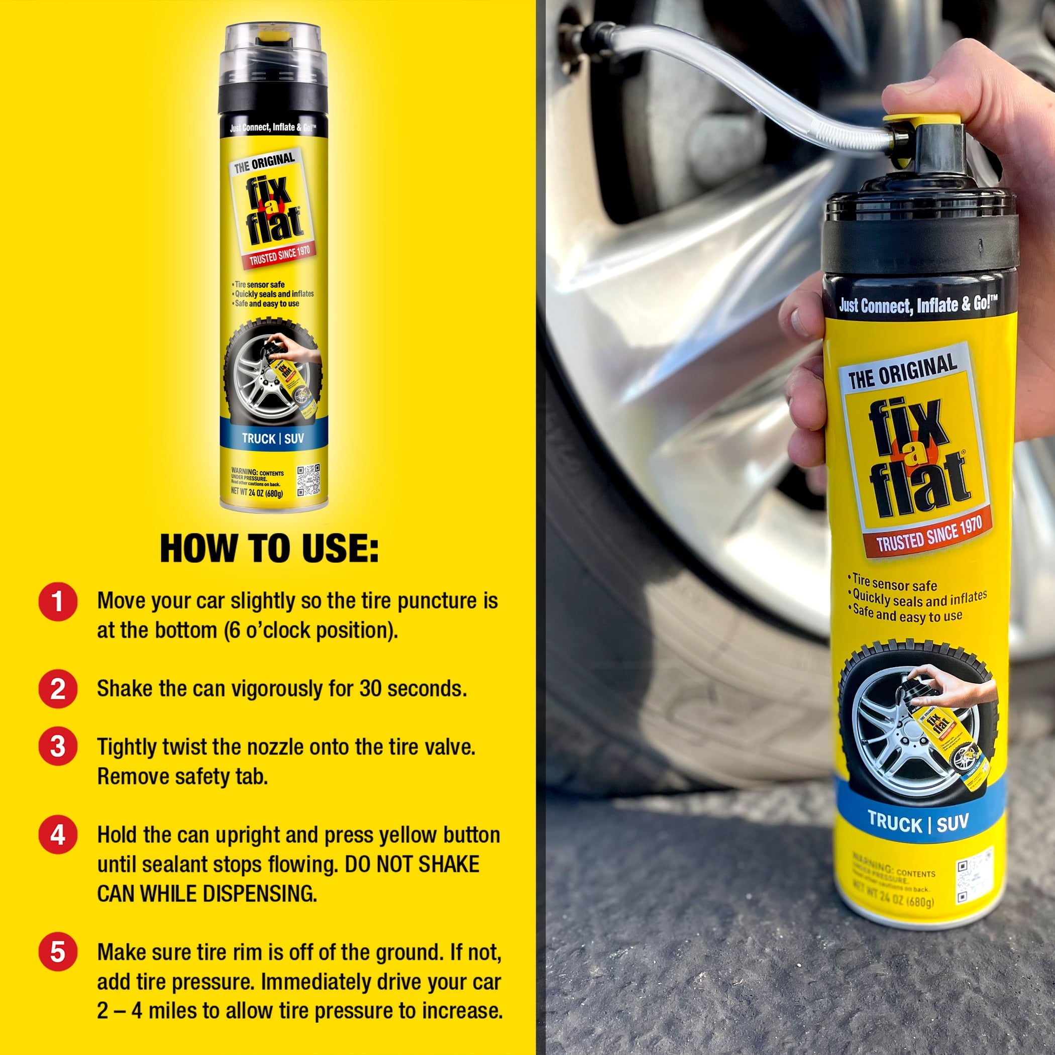 Fix-A-Flat Aerosol Emergency Flat Tire Repair and Inflator, for X-Large Tires, Eco-Friendly Formula, Universal Fit for All Cars, Trucks and SUVs, 24 oz. (Pack of 1)- S60369