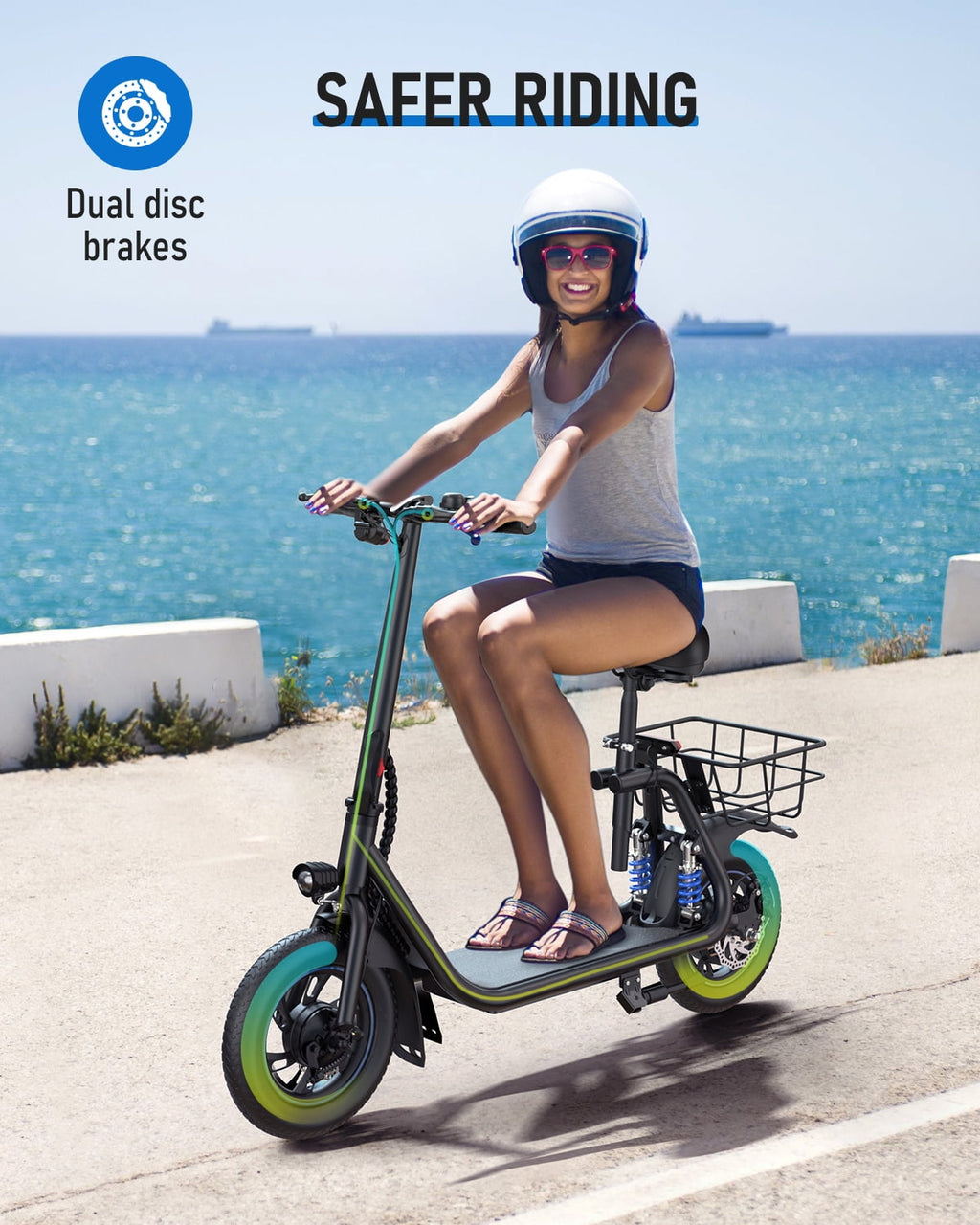 Kistp 450W Electric Scooter with Seat for Adult, 12 inch Commuter Electric Scooter with Basket - up to 21 Miles 15.5MPH