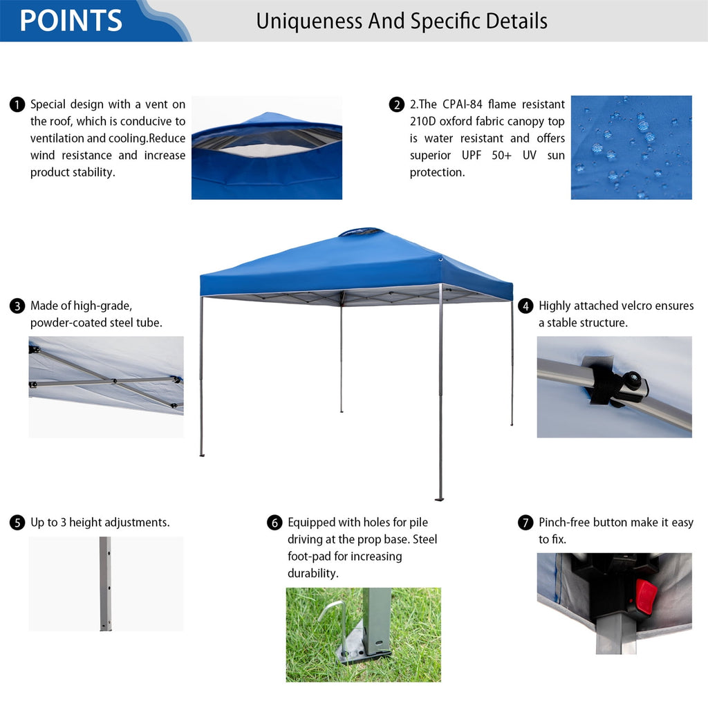 Summit Living 10x10ft Pop-up Canopy Tent Straight Legs Instant Canopy for Outside with Wheeled Bag - Blue