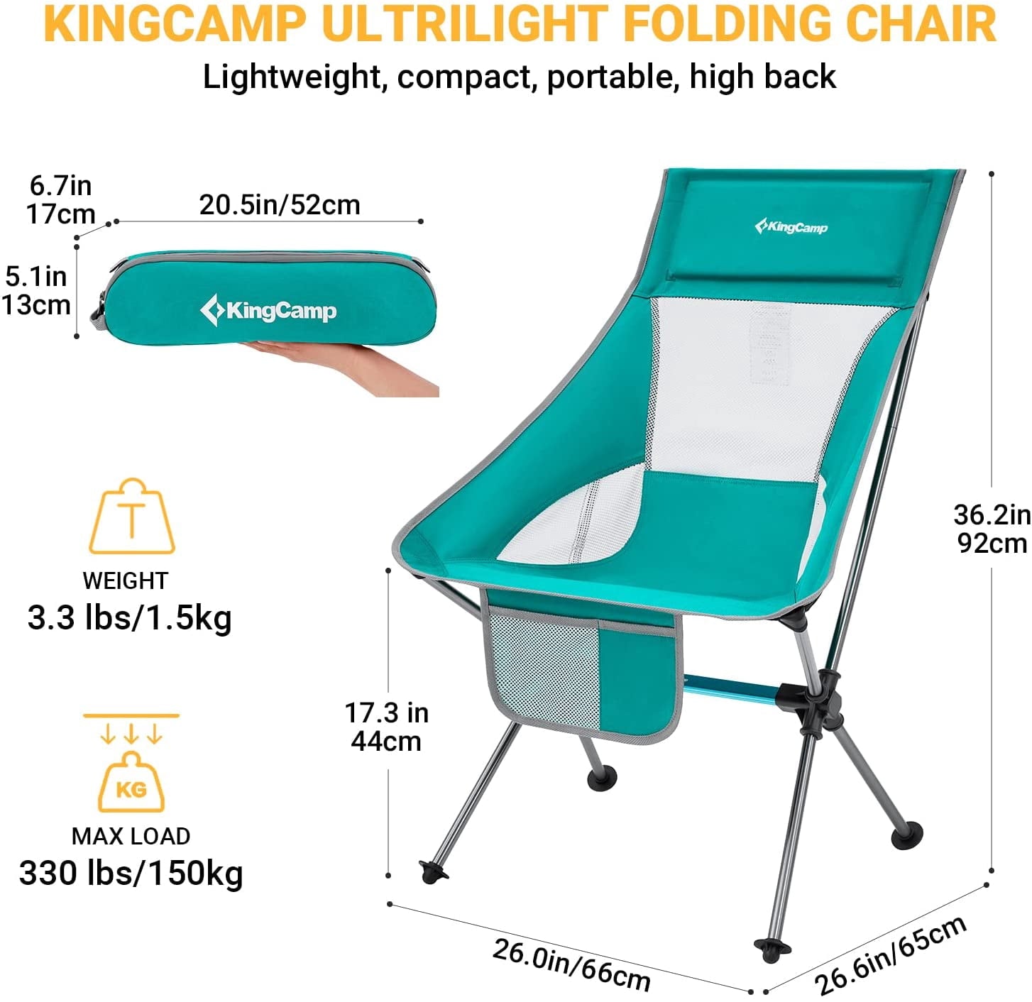 KingCamp 2 Pack High Back Camping Chairs Lightweight Extra Wide Folding Chairs with Carry Bag Black for Adult