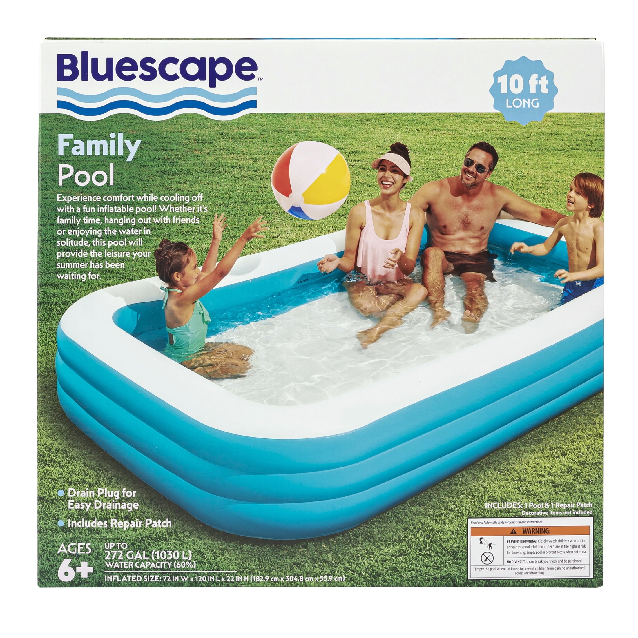 Bluescape Blue 10 ft Family Inflatable Swimming Pool, Round, Age 6 & up, Unisex