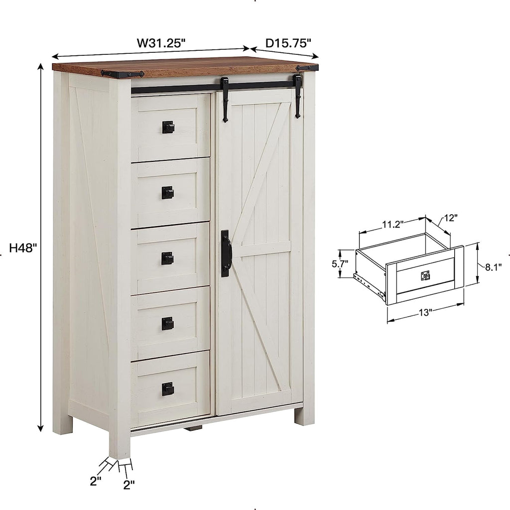 OKD Modern Farmhouse 5-Drawer Dresser with Barn Door, Adjustable Storage Cabinet for Bedroom Living Room, Light Rustic Oak