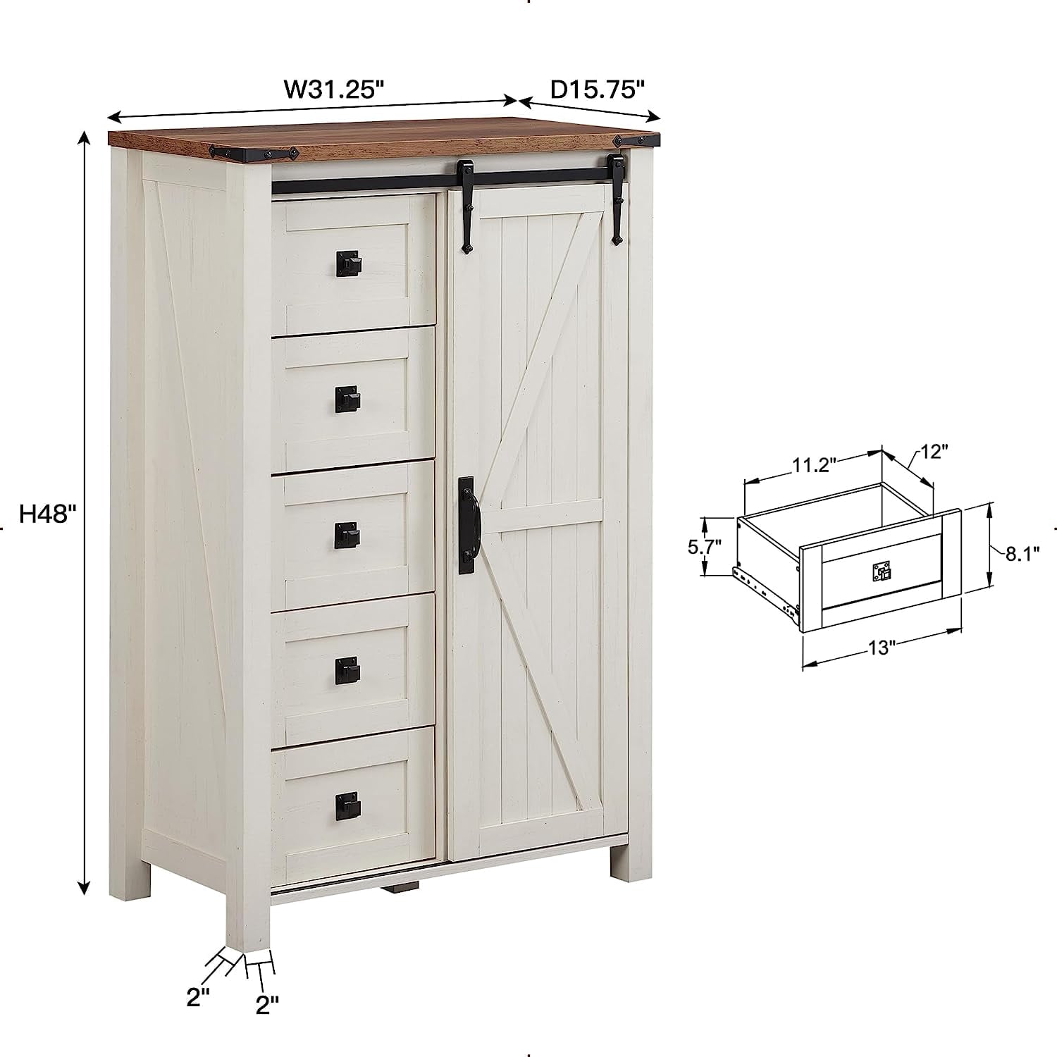 OKD Modern Farmhouse 5-Drawer Dresser with Barn Door, Adjustable Storage Cabinet for Bedroom Living Room, Light Rustic Oak