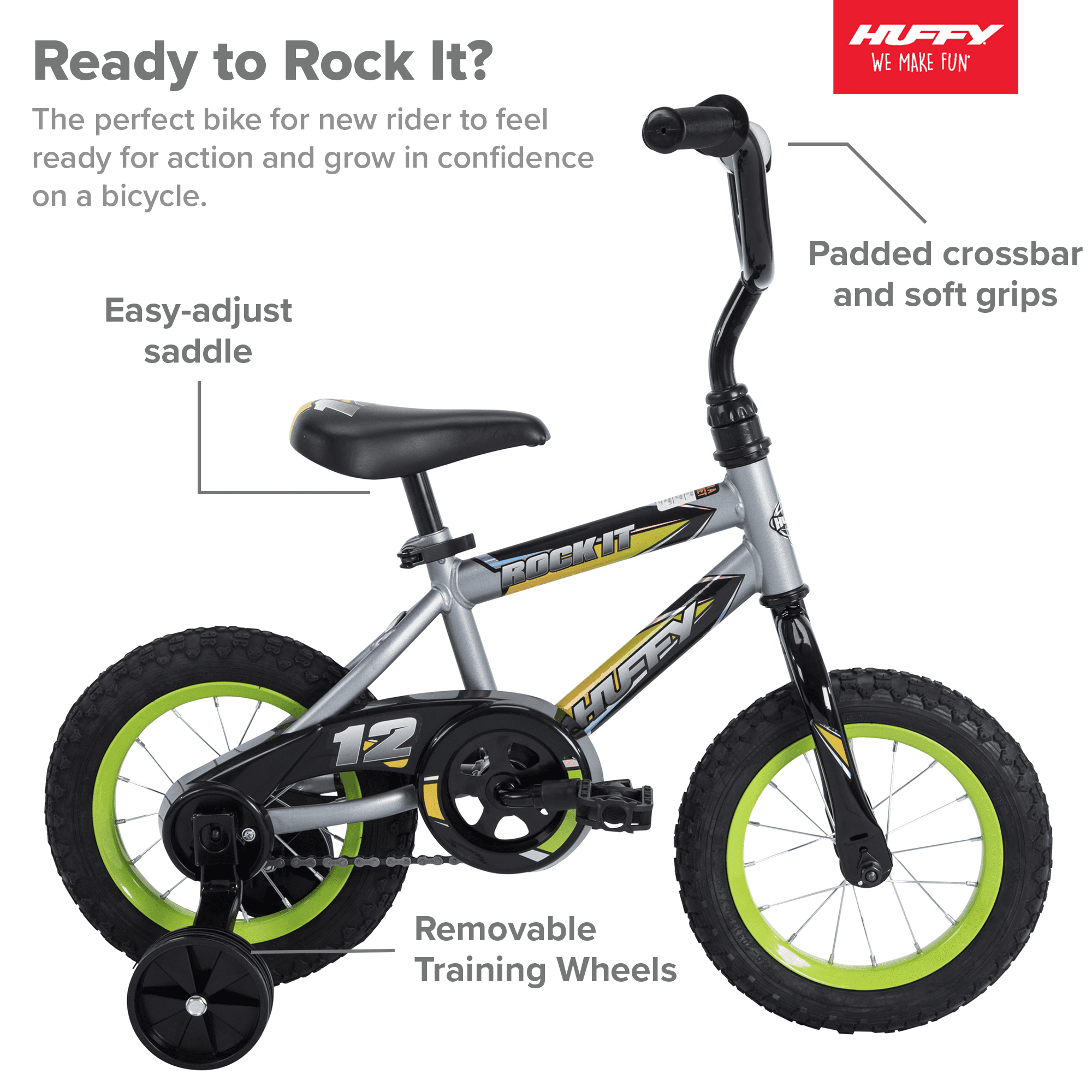 Huffy 12 in. Rock It Kids Bike, for Boys Ages 3 and up Years, Child, Grey Matte and Lime