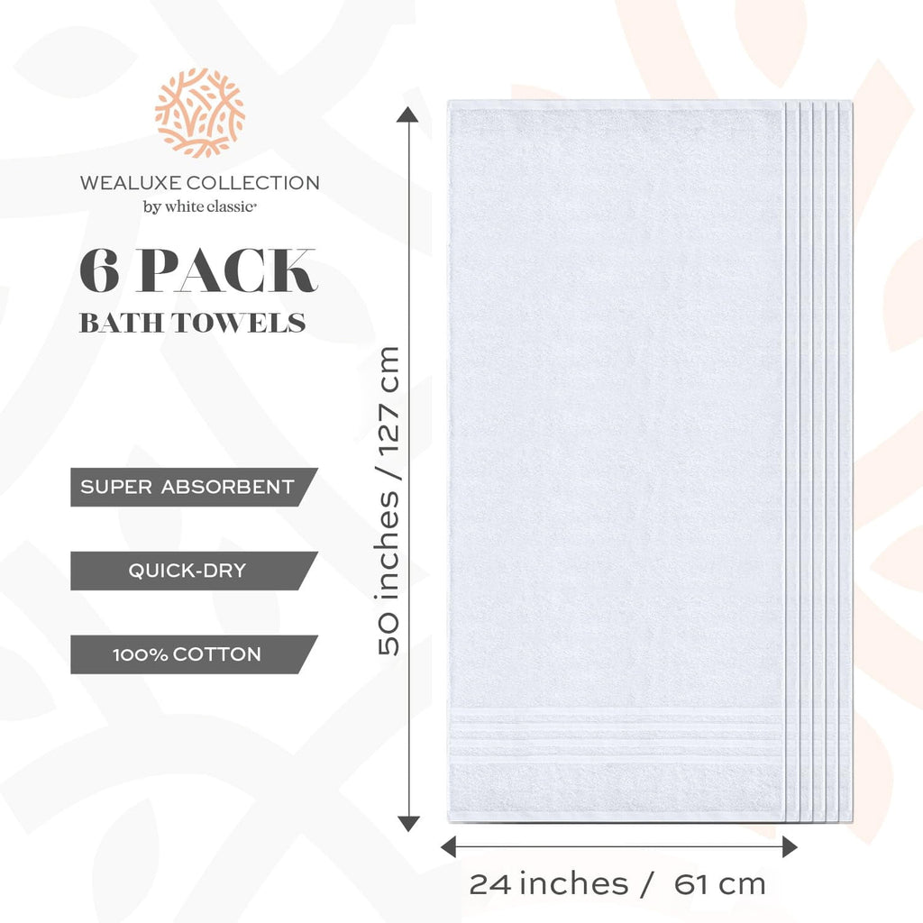 Wealuxe Cotton Bath Towels - 24x50 Inch - Lightweight Soft and Absorbent Gym Pool Towel - 6 Pack - White