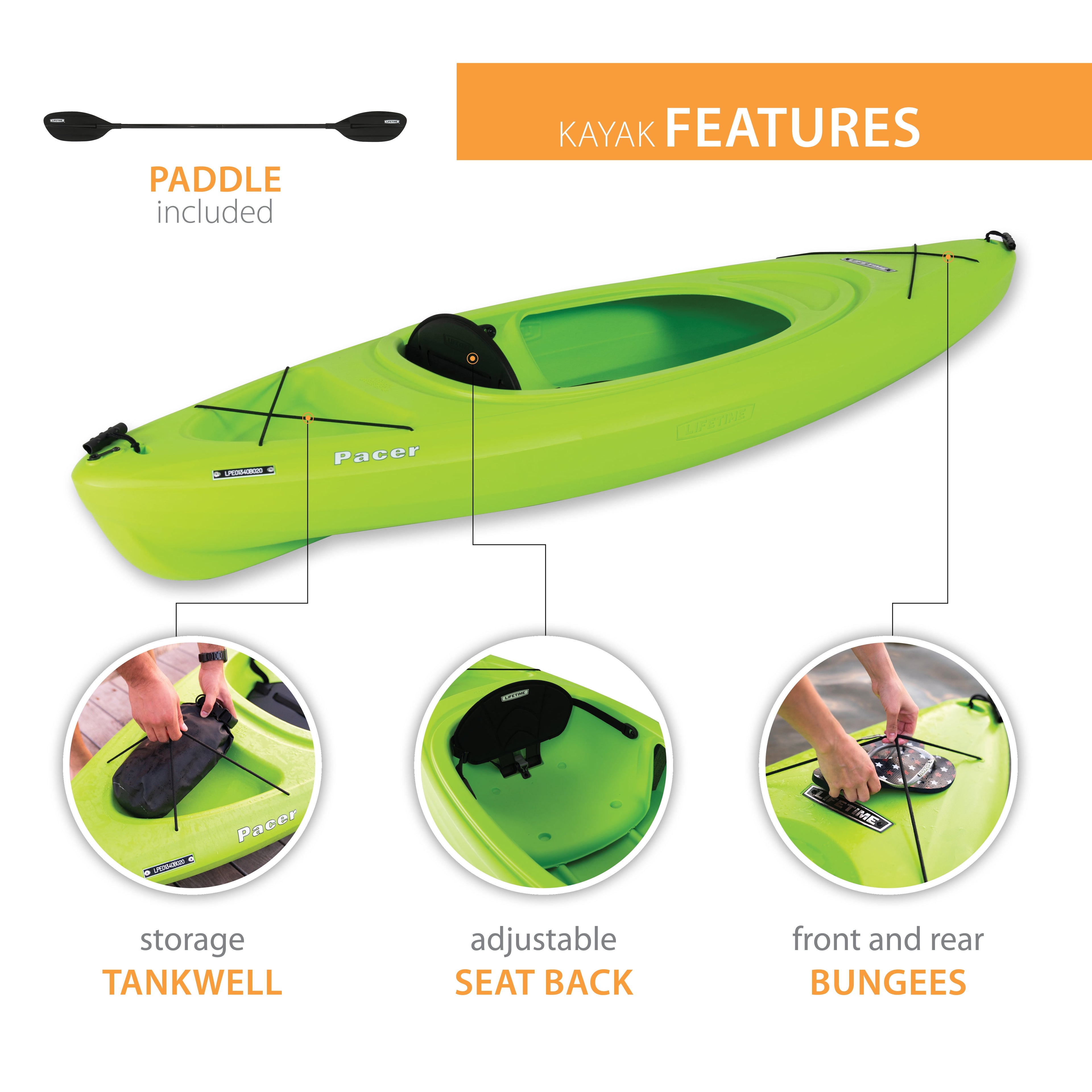 Lifetime Pacer 8 ft Sit-In Kayak (Paddle Included), Orange