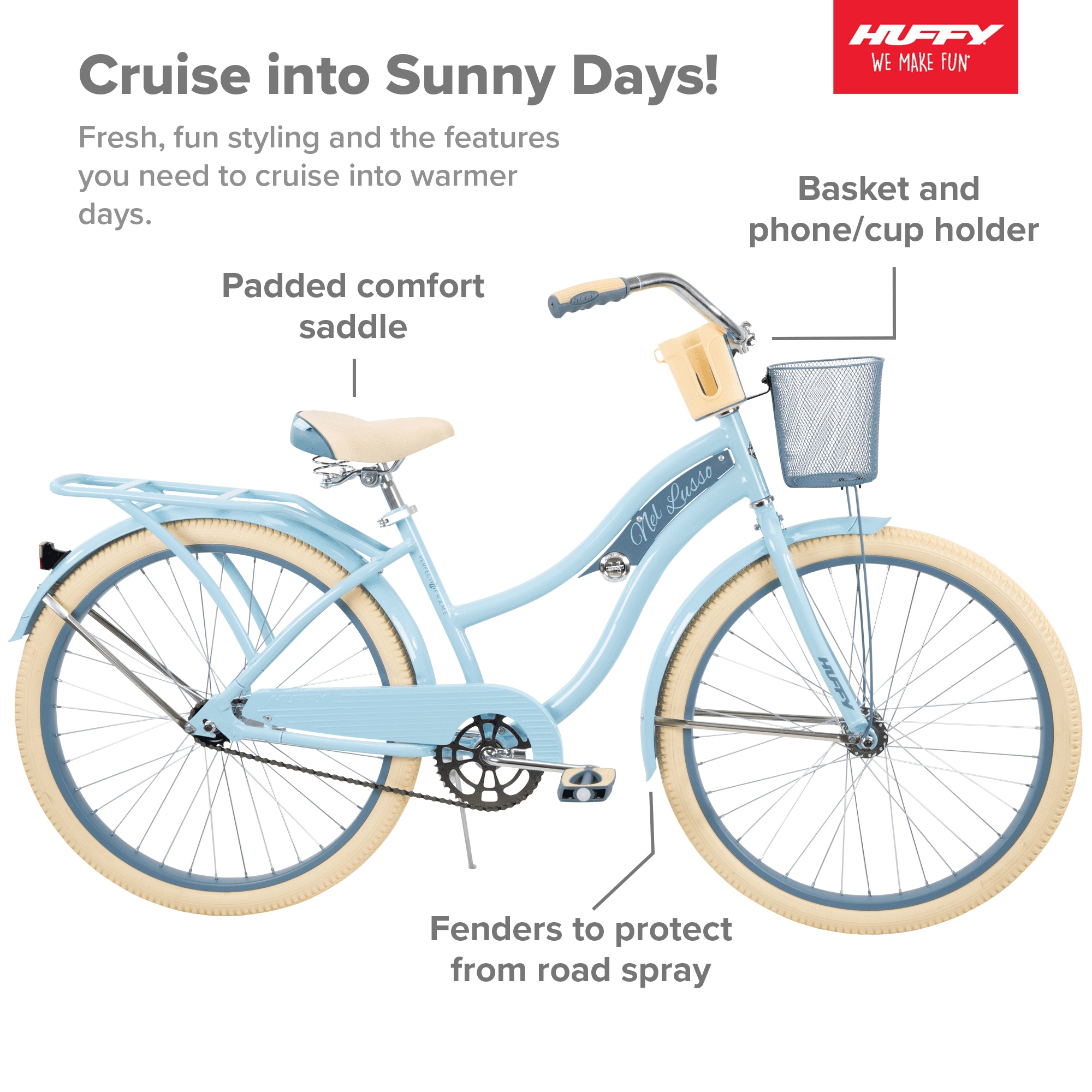 Huffy 26" Nel Lusso Classic Cruiser Bike with Perfect Fit Frame, Women's, Ages 13" Years, Light Blue