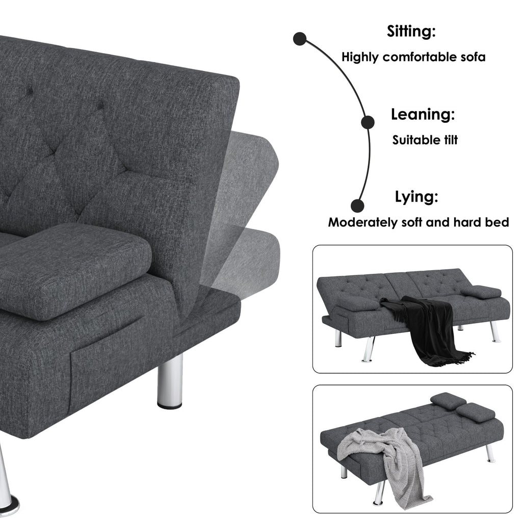 Homfa Convertible Futon Sofa Bed, 66.3'' Upholstered Removable Armrests,Gray Finish