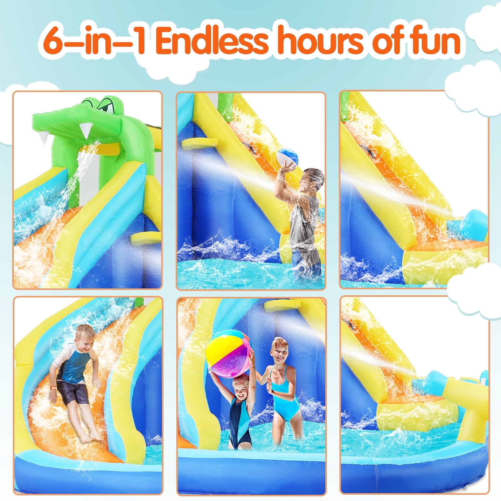 Inflatable Bounce House with Spray Pool, 2 Water Guns, Climbing Wall, Basketball Hoop, and Inflatable Water Slide with UL Air Blower, (Gift for Kids), Polyester, Child, Teen, Toddler