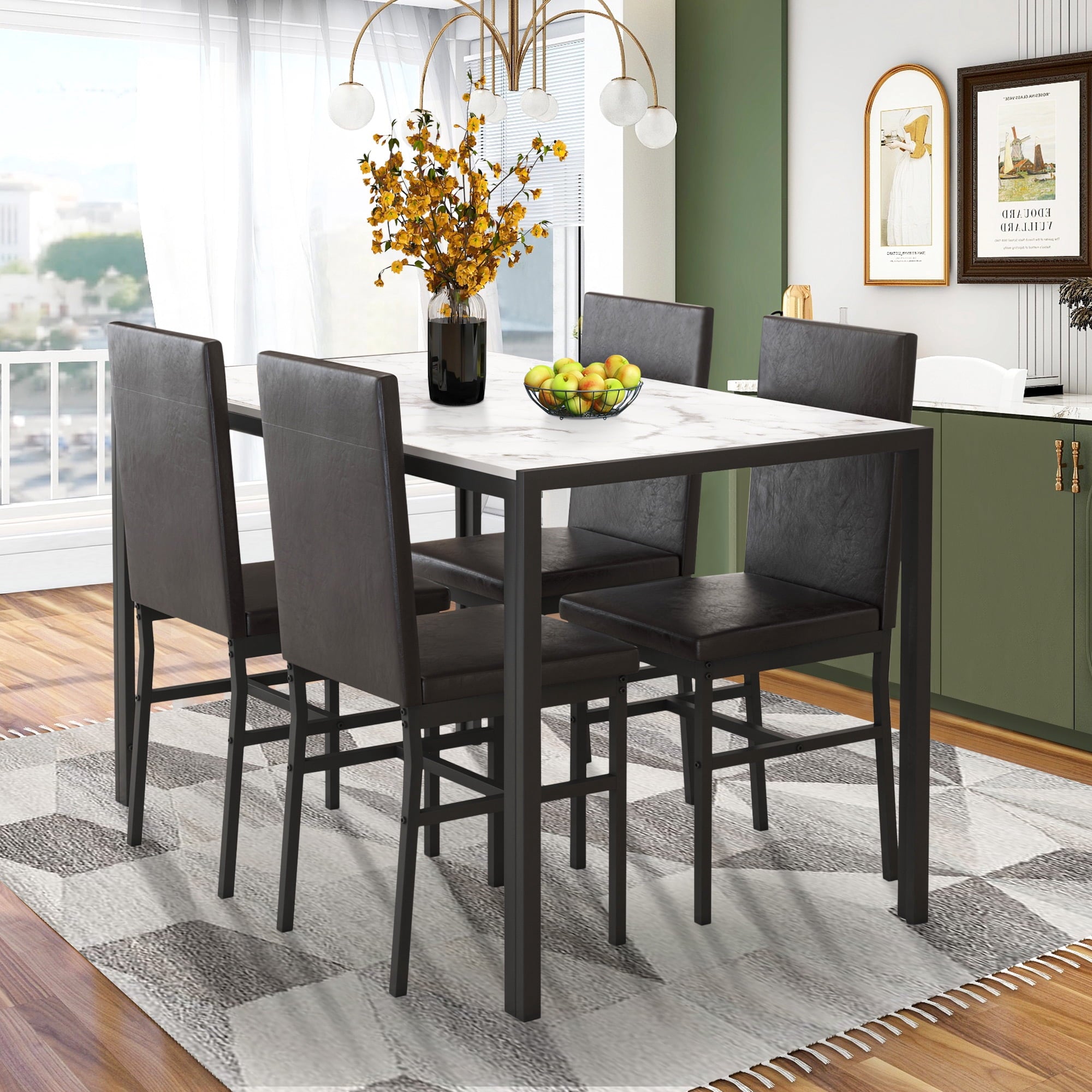 PAPROOS Dining Table Set for 4, Modern 5-Piece Kitchen Table Set with Faux Marble Top and Velvet Upholstery Chairs, Heavy Duty Dinette Sets for Breakfast Nook, Dining Room Table and Chairs, Gray