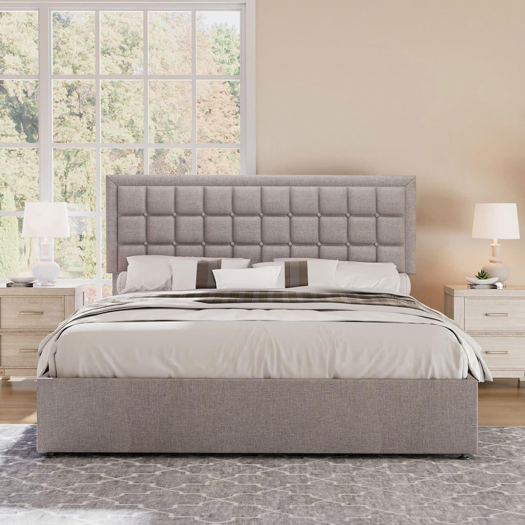 Jocisland King Size Lift Up Storage Bed Frame, Upholstered Platform Bed Frame Button Tufted Headboard/White