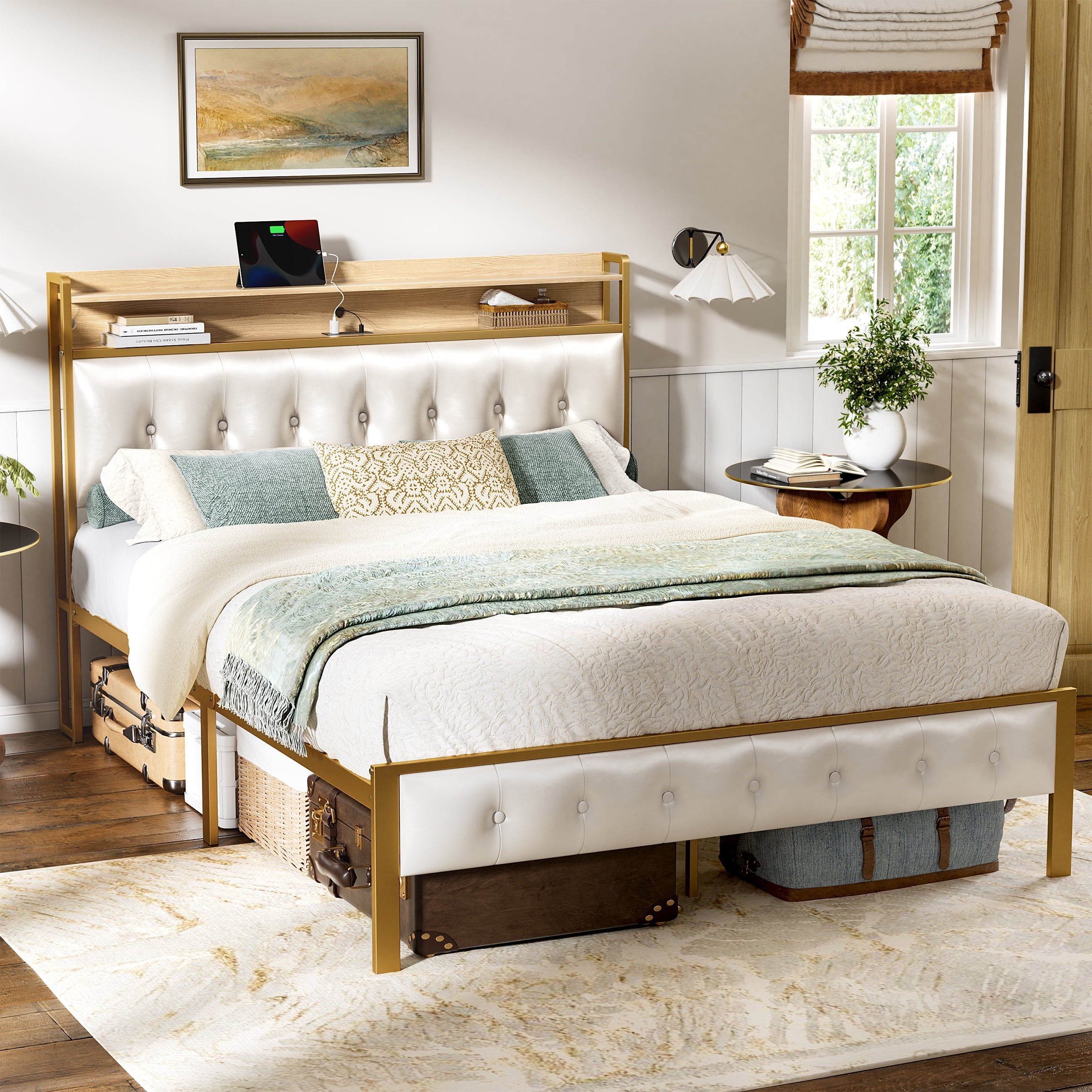 GUNAITO Queen Bed Frame with Storage Headboard Upholstered Platform Bed with LED Lights USB Ports & Outlets Black