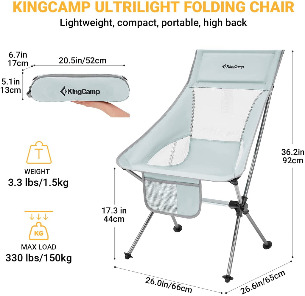 KingCamp 2 Pack High Back Camping Chairs Lightweight Extra Wide Folding Chairs with Carry Bag Black for Adult