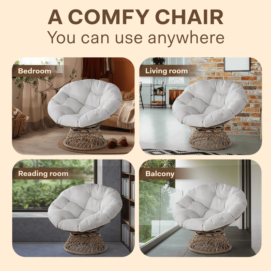 Bme 360 Swivel Comfy Papasan Chair with Fabric Cushion, Sturdy Metal Frame (Cream Vanilla - Black Frame)