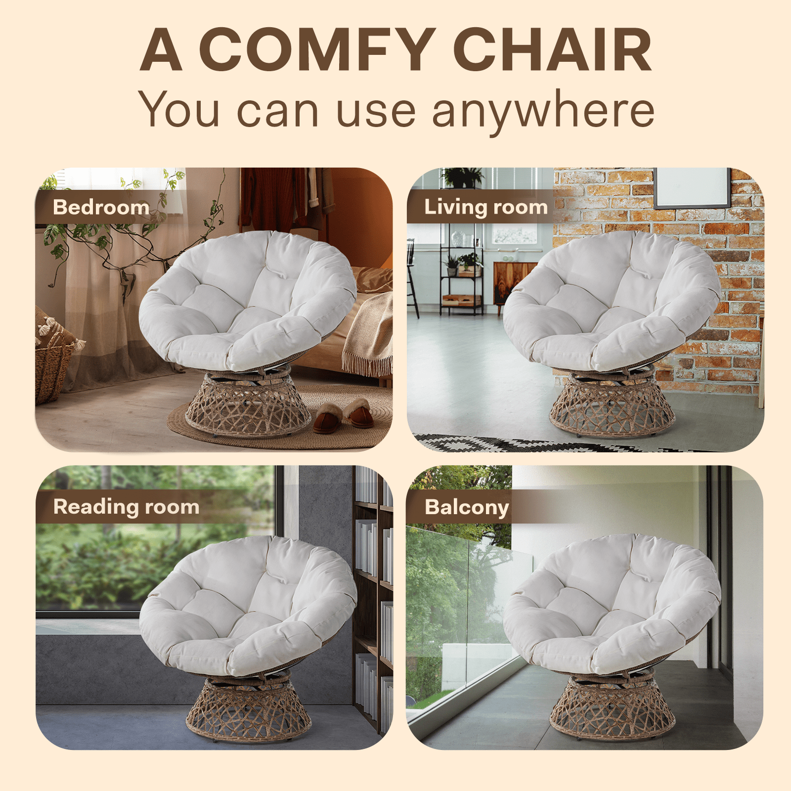 Bme 360 Swivel Comfy Papasan Chair with Fabric Cushion, Sturdy Metal Frame (Cream Vanilla - Black Frame)