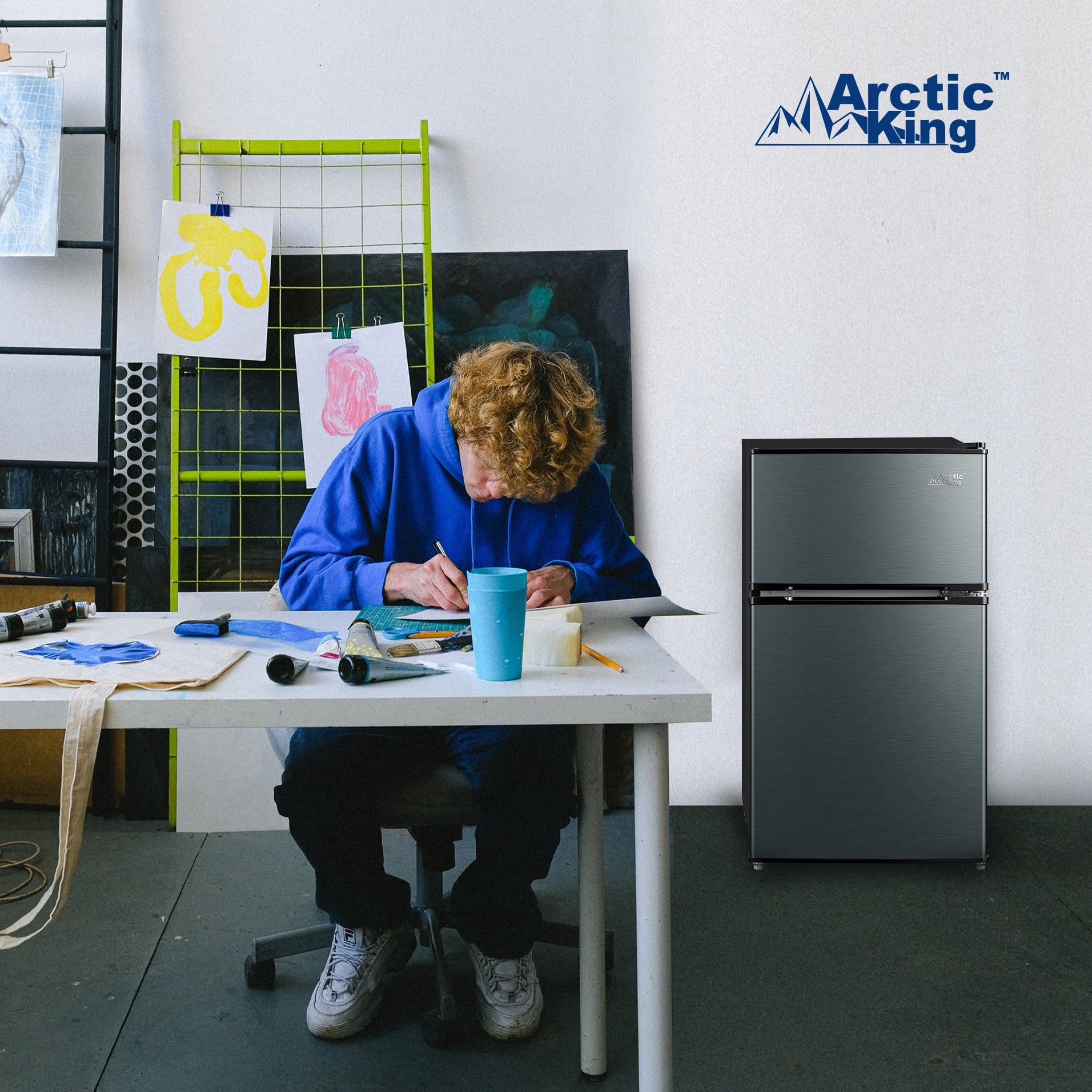Arctic King 3.2 Cu ft Two Door Compact Refrigerator with Freezer, Stainless Steel, E-star