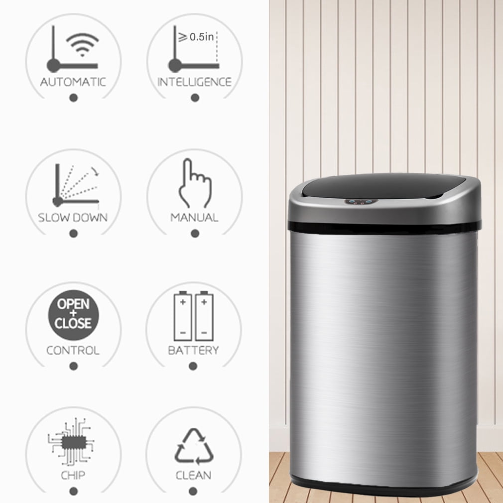 BestOffice Touch Free Sensor Stainless Steel Trash Can, 13 Gallon