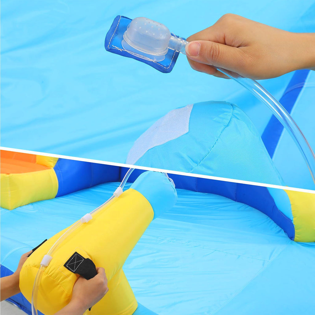 Inflatable Bounce House with Spray Pool, 2 Water Guns, Climbing Wall, Basketball Hoop, and Inflatable Water Slide with UL Air Blower, (Gift for Kids), Polyester, Child, Teen, Toddler
