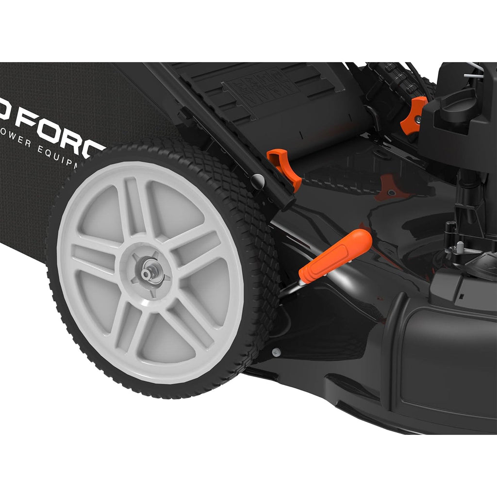 Yard Force Self Propelled Lawn Mower Briggs & Stratton 150cc Gas Engine 22-inch Steel Deck 3-in-1 mulch, bag, side discharge, 12-inch High Rear Wheels