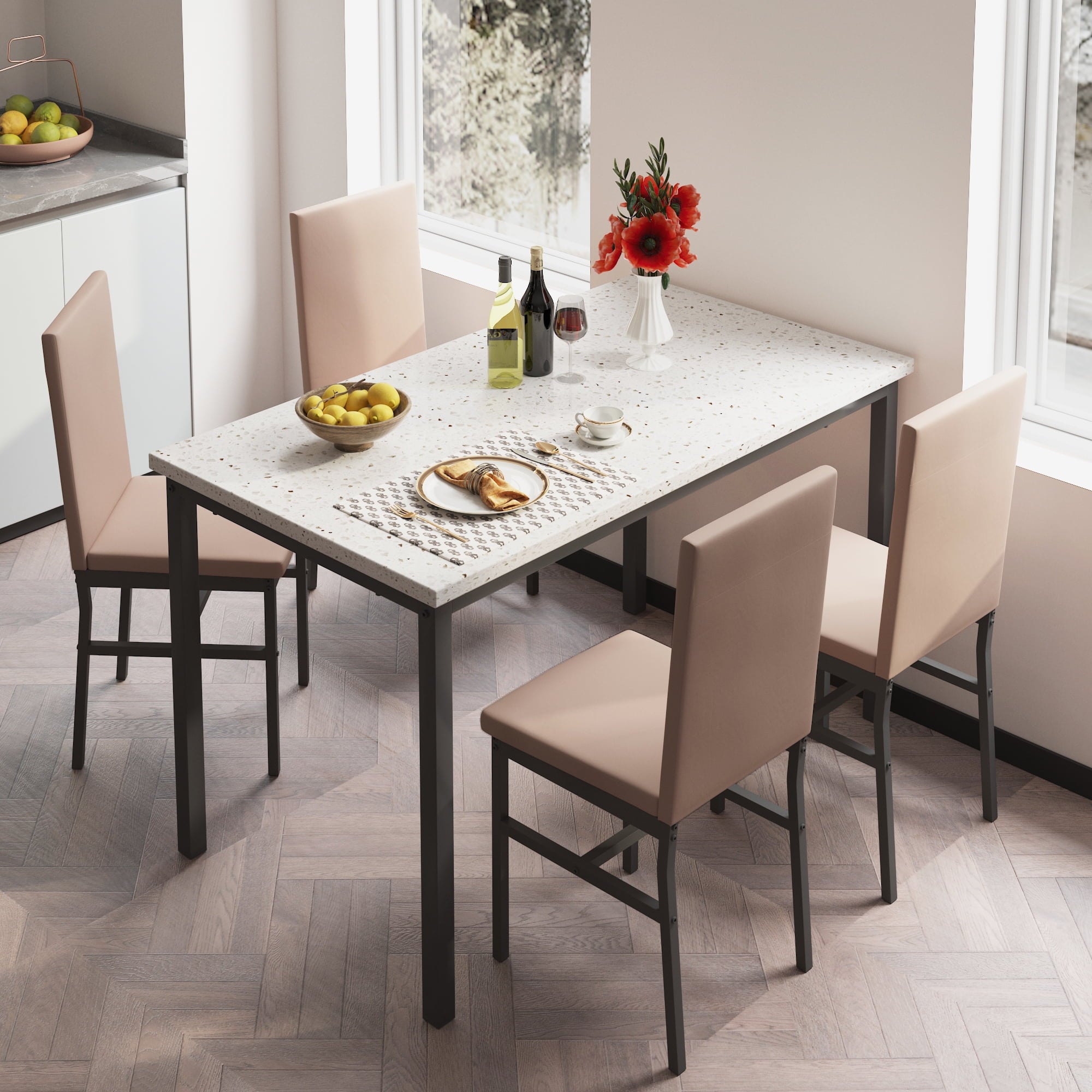 PAPROOS Dining Table Set for 4, Modern 5-Piece Kitchen Table Set with Faux Marble Top and Velvet Upholstery Chairs, Heavy Duty Dinette Sets for Breakfast Nook, Dining Room Table and Chairs, Gray
