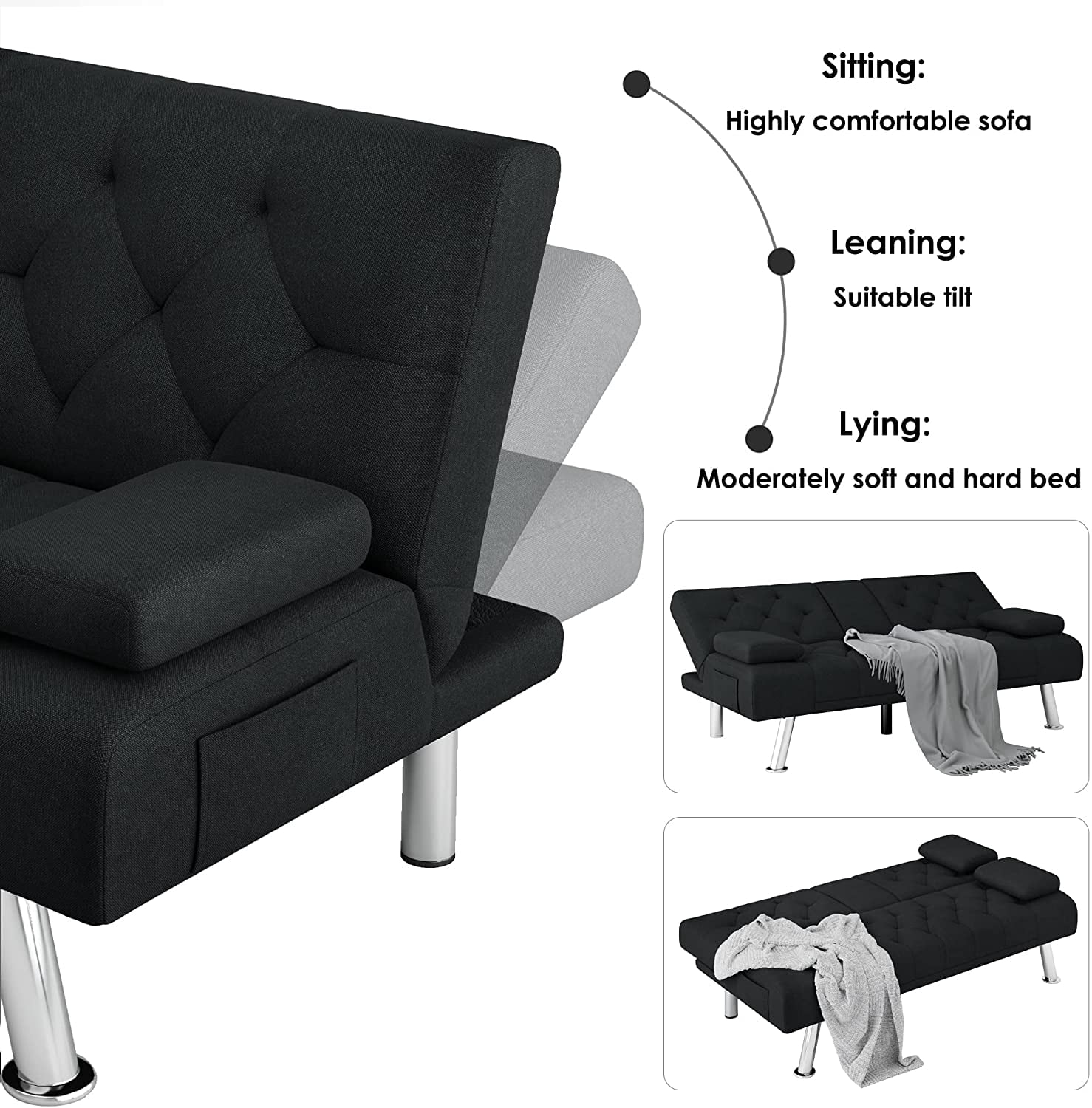 Homfa Convertible Futon Sofa Bed, 66.3'' Upholstered Removable Armrests,Gray Finish