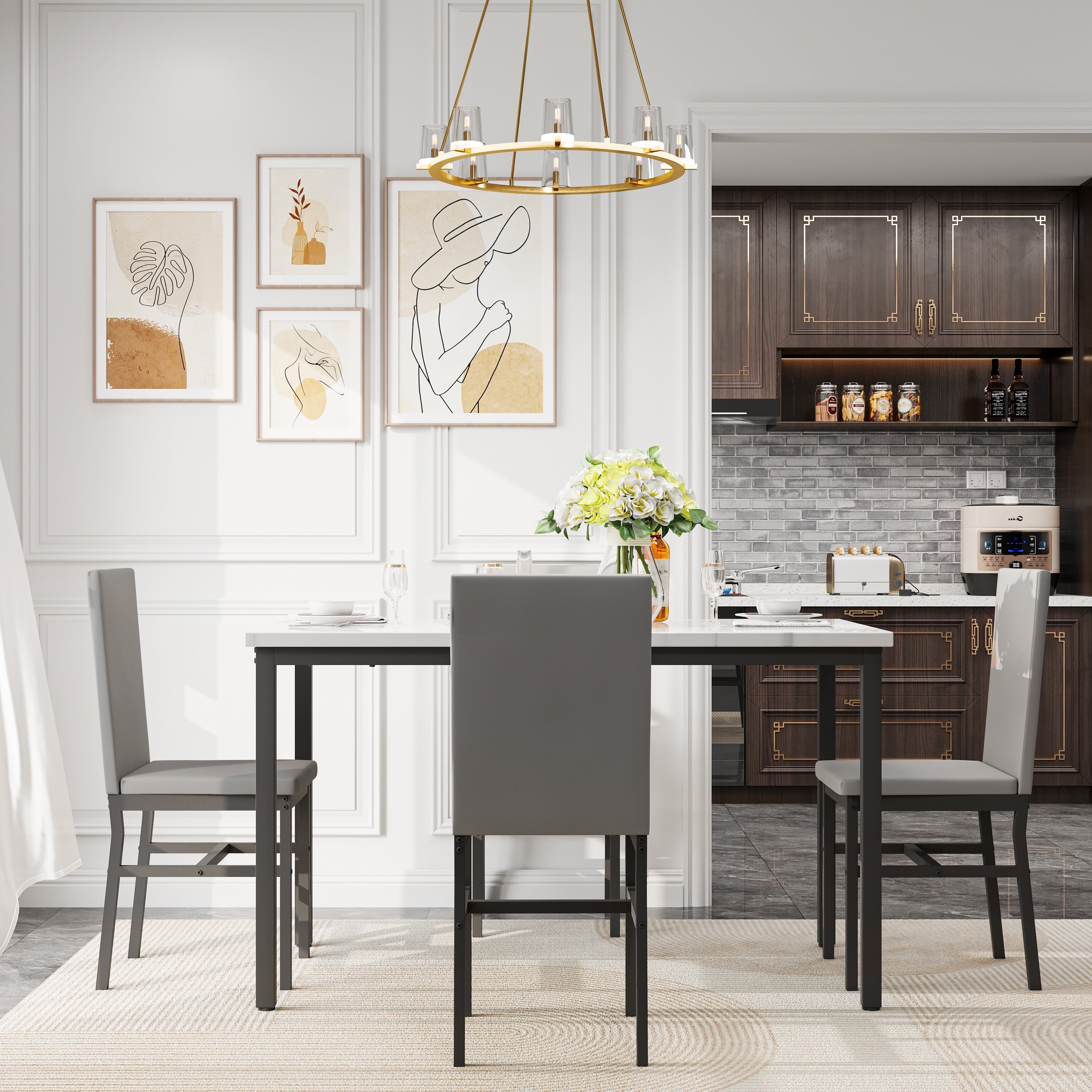 PAPROOS Dining Table Set for 4, Modern 5-Piece Kitchen Table Set with Faux Marble Top and Velvet Upholstery Chairs, Heavy Duty Dinette Sets for Breakfast Nook, Dining Room Table and Chairs, Gray