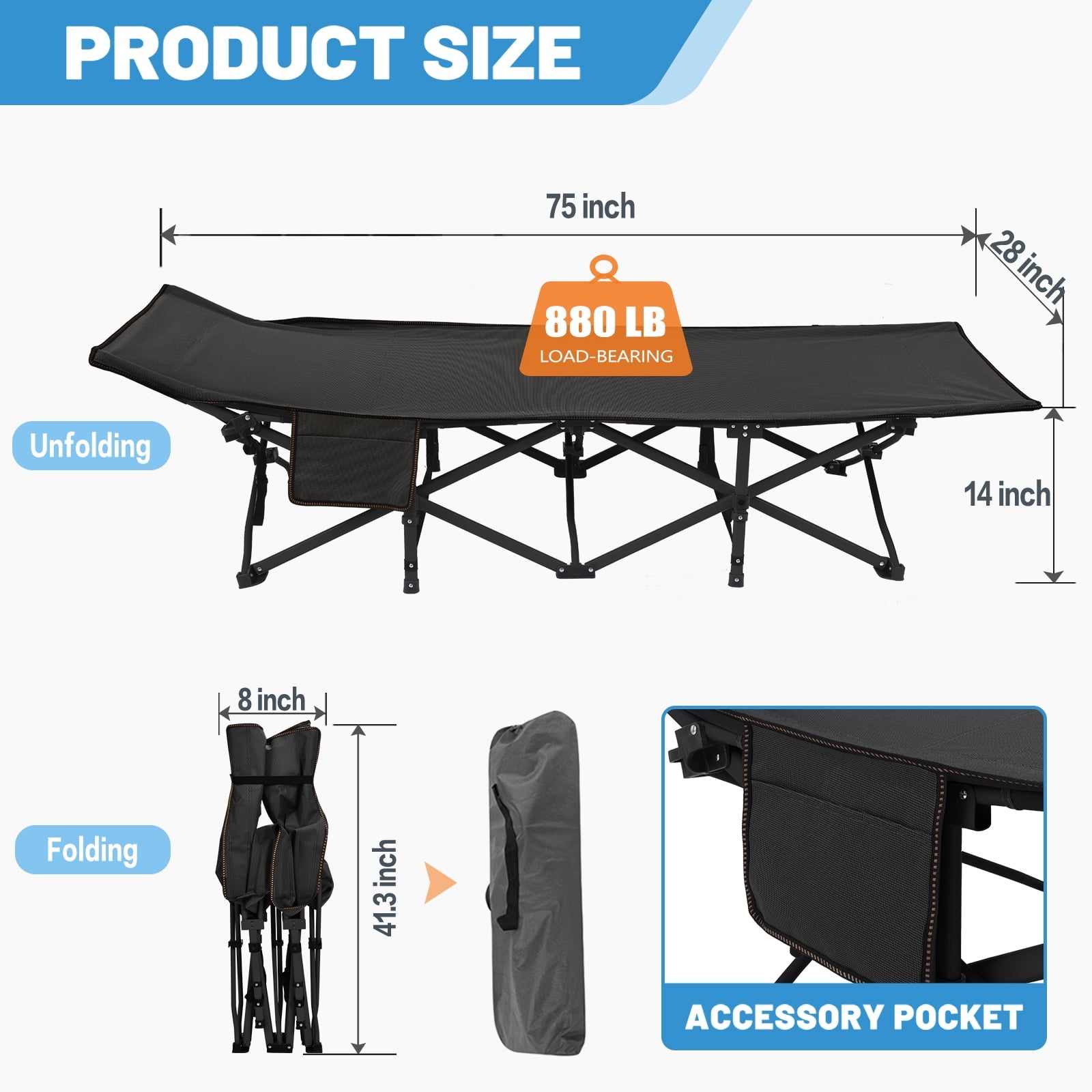 MOPHOTO 75" Portable Folding Bed for Adults, Rollaway Guest Bed Sleeping Cot with Mattress, Heavy Duty Outdoor Camping Cot with Carry Bag