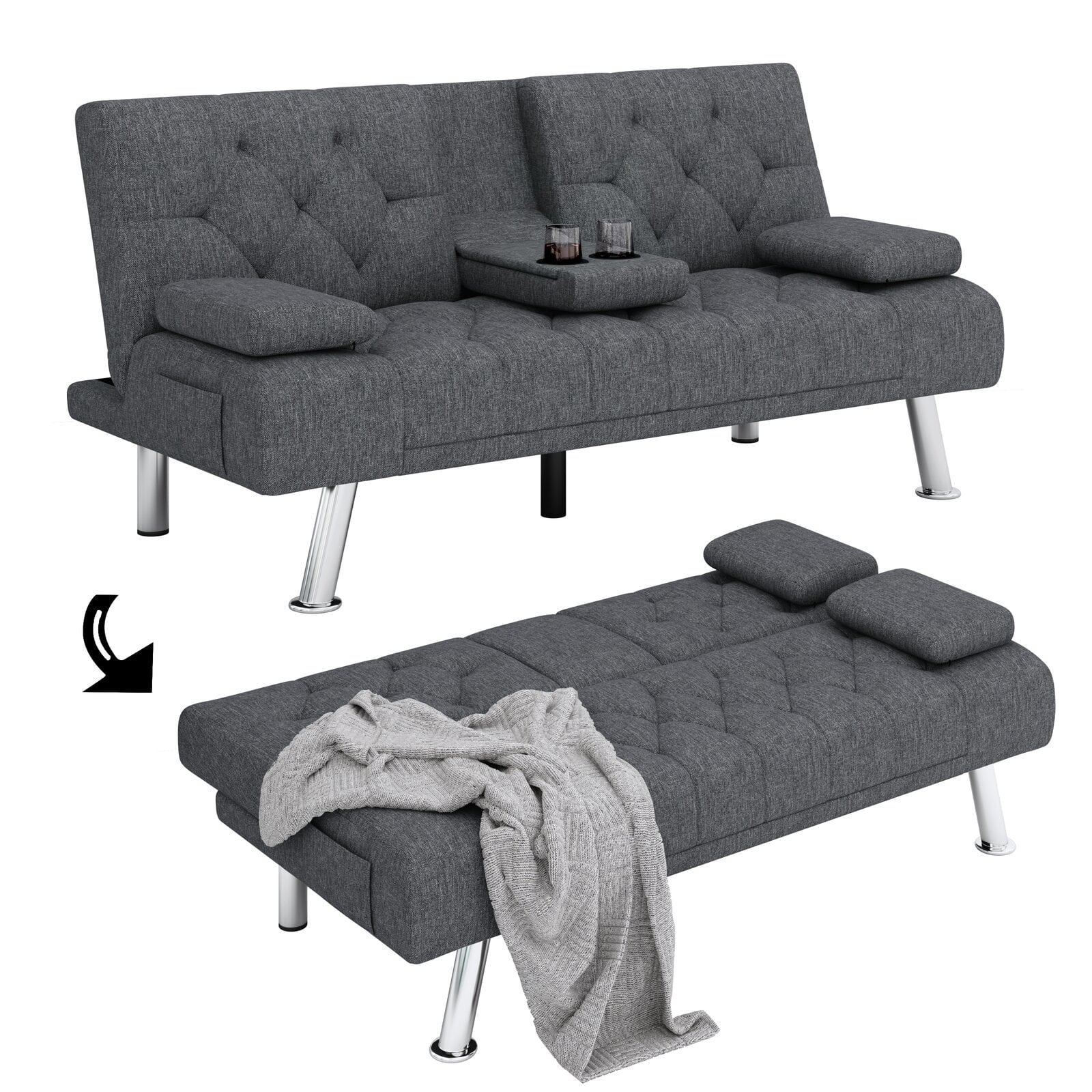 Homfa Convertible Futon Sofa Bed, 66.3'' Upholstered Removable Armrests,Gray Finish