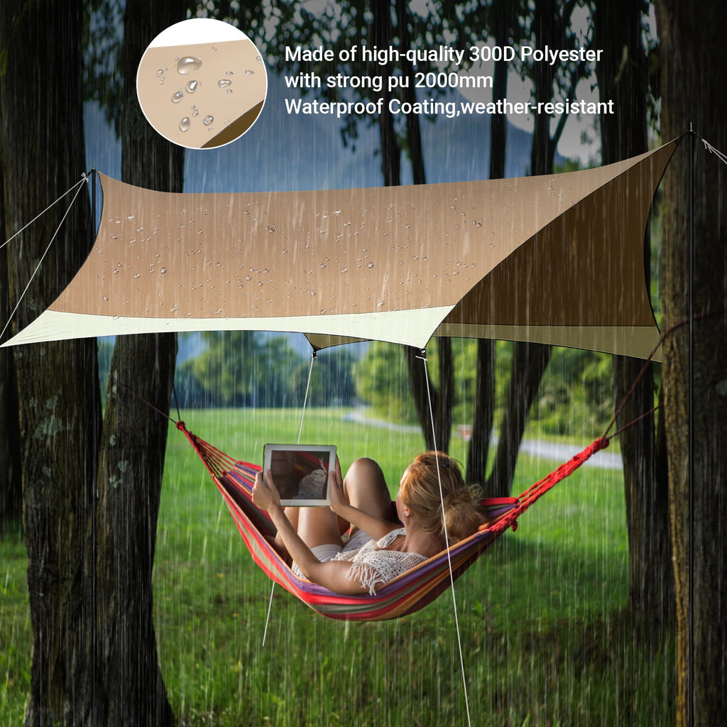 SANOPY 12 x 14ft Camping Tent Tarp Waterproof Tents UPF 50+ Hammock Rain Fly Beach Canopy with 2 Poles Outdoor Accessories Tents Shelter for Backpacking, Hiking, Traveling,Blue