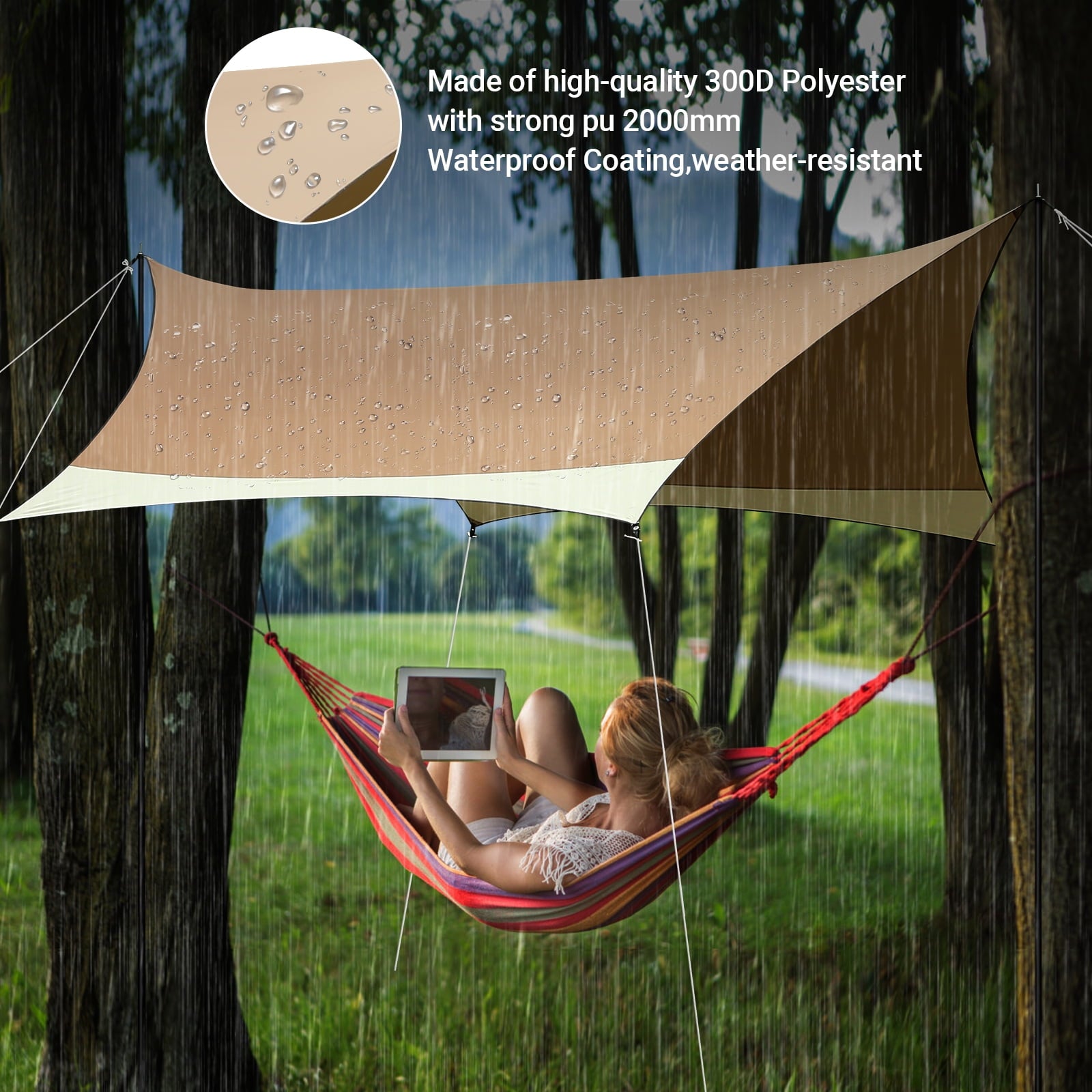 SANOPY 12 x 14ft Camping Tent Tarp Waterproof Tents UPF 50+ Hammock Rain Fly Beach Canopy with 2 Poles Outdoor Accessories Tents Shelter for Backpacking, Hiking, Traveling,Blue