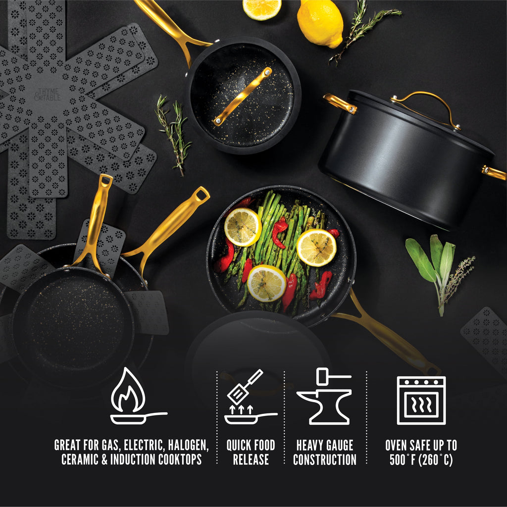 Thyme & Table Non-Stick 12-Piece Signature Cookware Set, Black & Gold