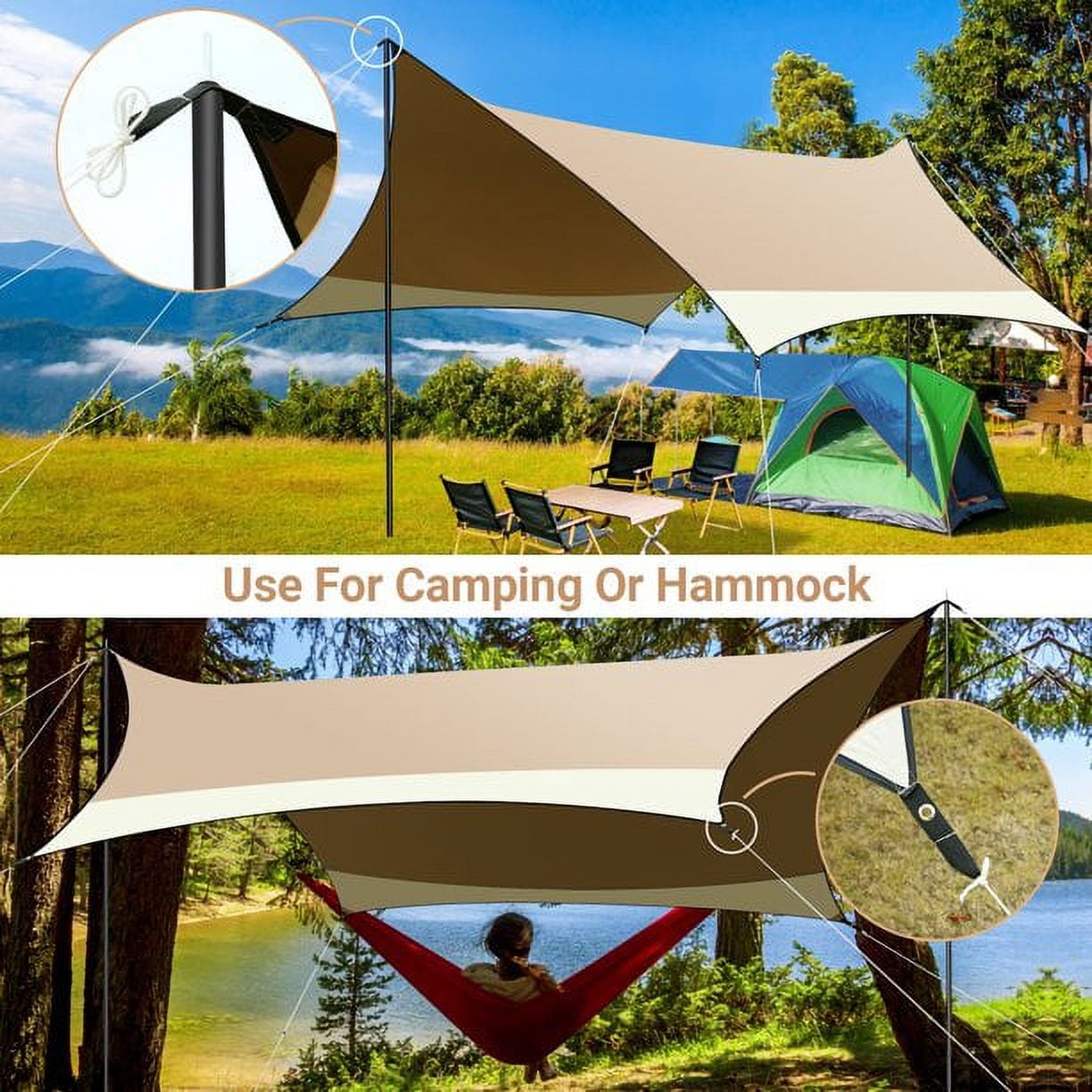 SANOPY 12 x 14ft Camping Tent Tarp Waterproof Tents UPF 50+ Hammock Rain Fly Beach Canopy with 2 Poles Outdoor Accessories Tents Shelter for Backpacking, Hiking, Traveling,Blue