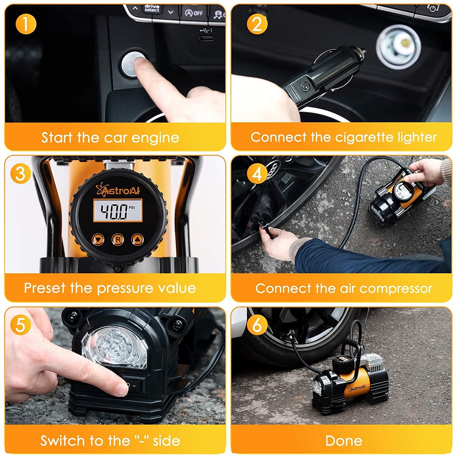 AstroAI Tire Inflator Portable Air Pump for Car Tires, Digital Air Compressor 150PSI, Yellow