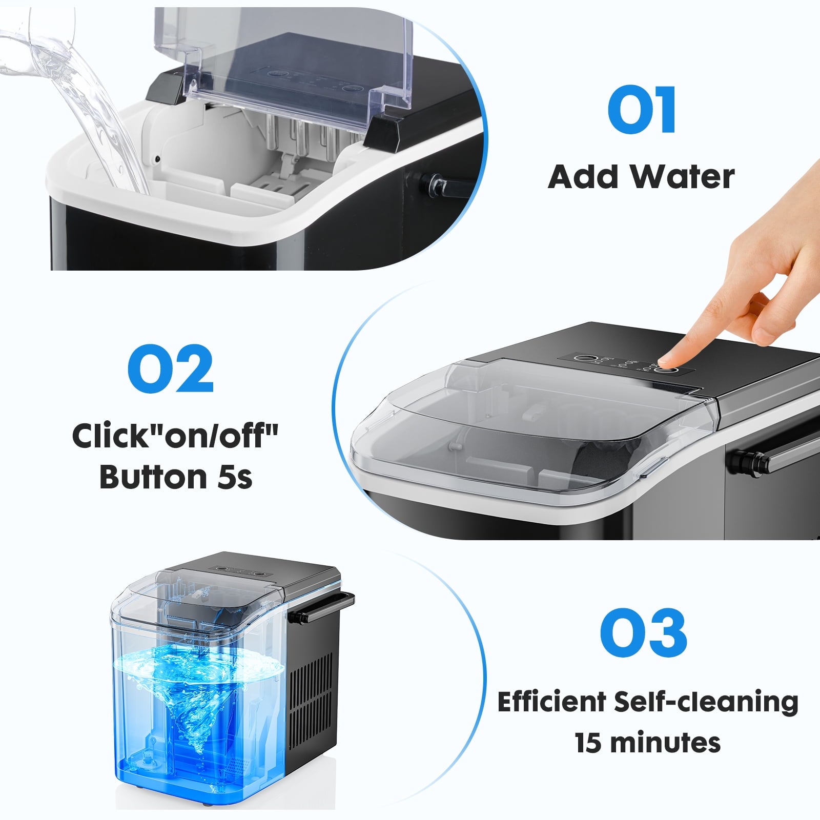 EDX Countertop Ice Maker, Self-Cleaning Portable Ice Maker Machine with Handle and Ice Scoop, Bullet Ice Cubes, 9Pcs/6Min 26.5Lbs/24H for Home/Kitchen/Bar/Party, Black
