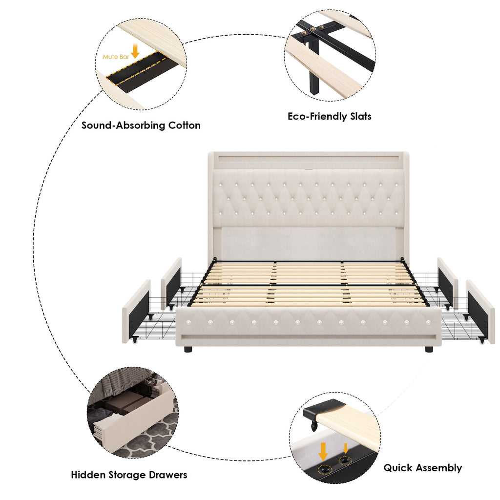 Homfa King Size LED Bed Frame with 4 Storage Drawers, Modern Wingback Crystal Button Tufted Upholstered Platform Bed Frame with Outlets and USB Ports & Display Platform, Beige