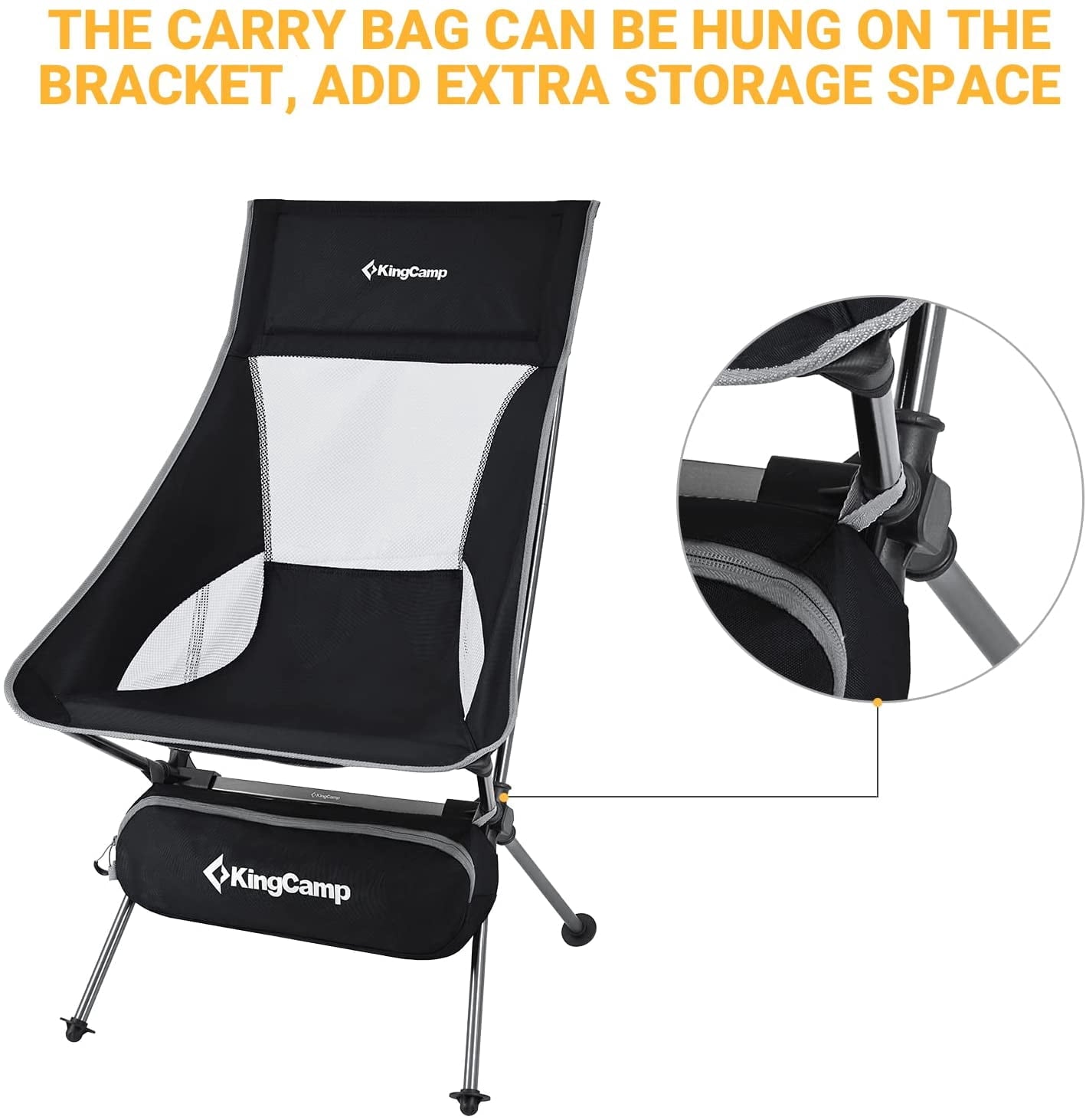 KingCamp 2 Pack High Back Camping Chairs Lightweight Extra Wide Folding Chairs with Carry Bag Black for Adult