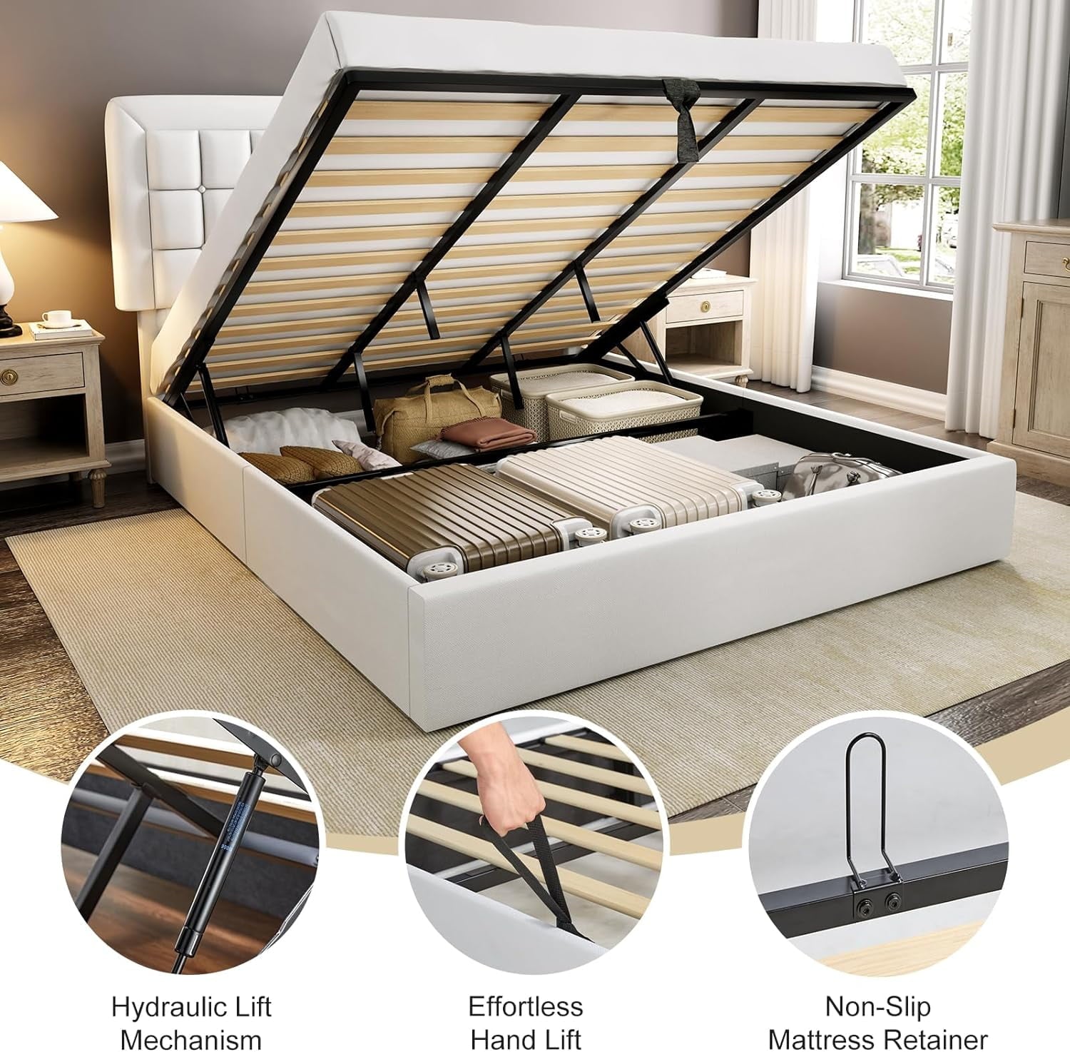 Jocisland King Size Lift Up Storage Bed Frame, Upholstered Platform Bed Frame Button Tufted Headboard/White