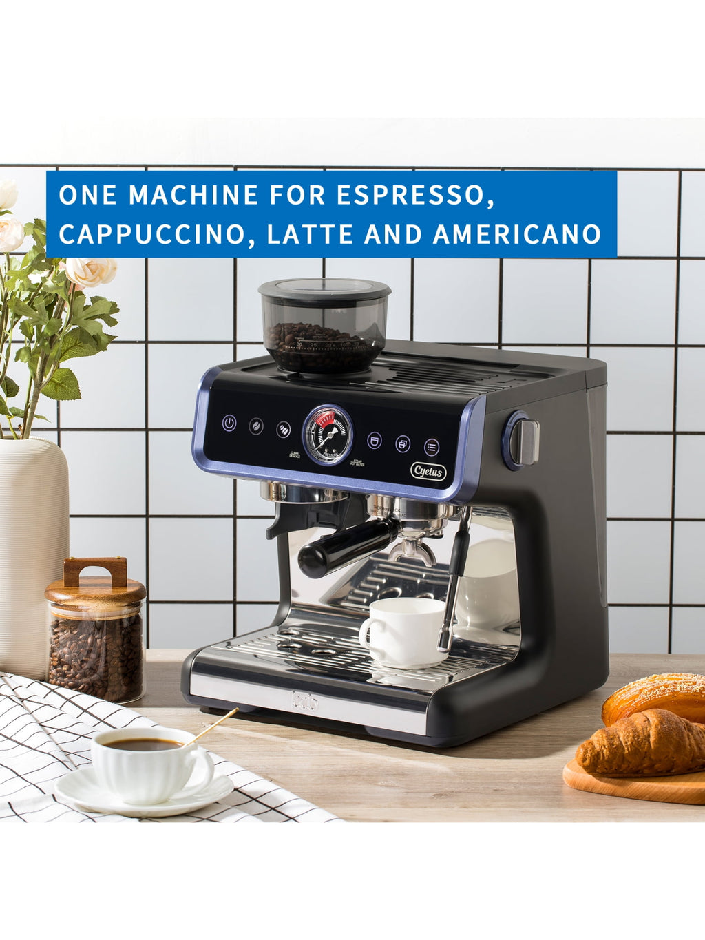 Cyetus All in One Espresso Machine for Home Barista with Coffee Grinder and Milk Steam Wand for Espresso, Cappuccino, and Latte