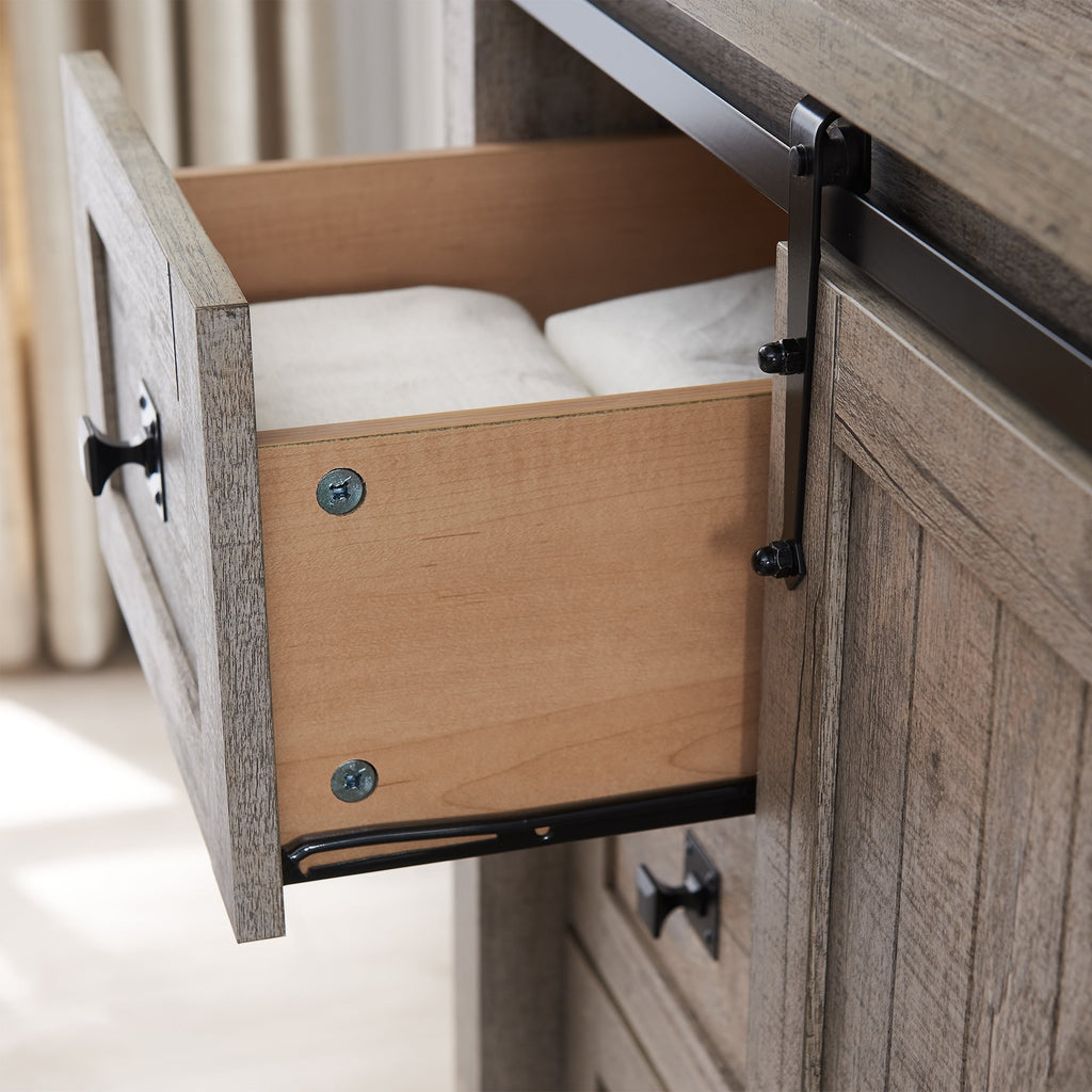 OKD Modern Farmhouse 5-Drawer Dresser with Barn Door, Adjustable Storage Cabinet for Bedroom Living Room, Light Rustic Oak