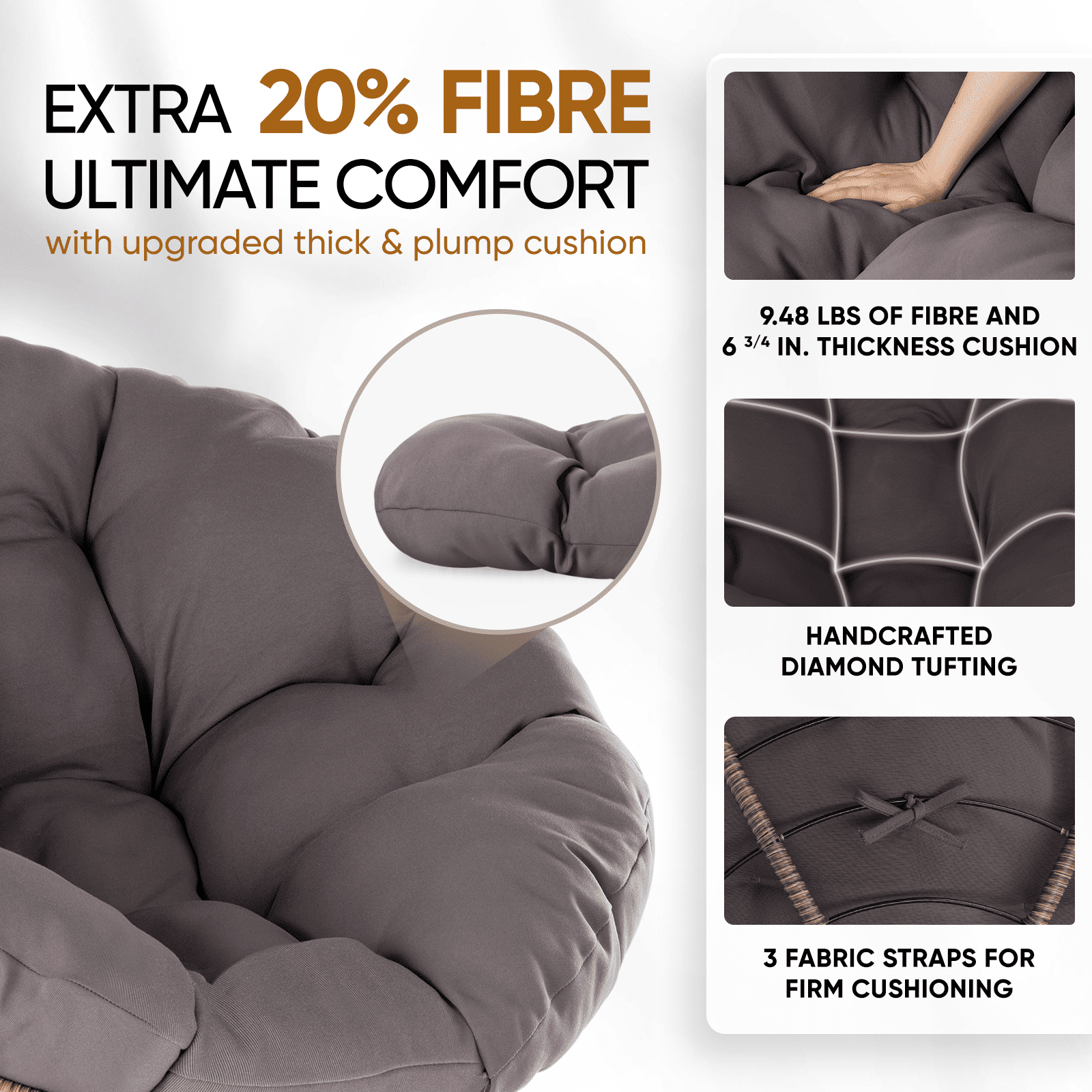 Bme 360 Swivel Comfy Papasan Chair with Fabric Cushion, Sturdy Metal Frame (Cream Vanilla - Black Frame)