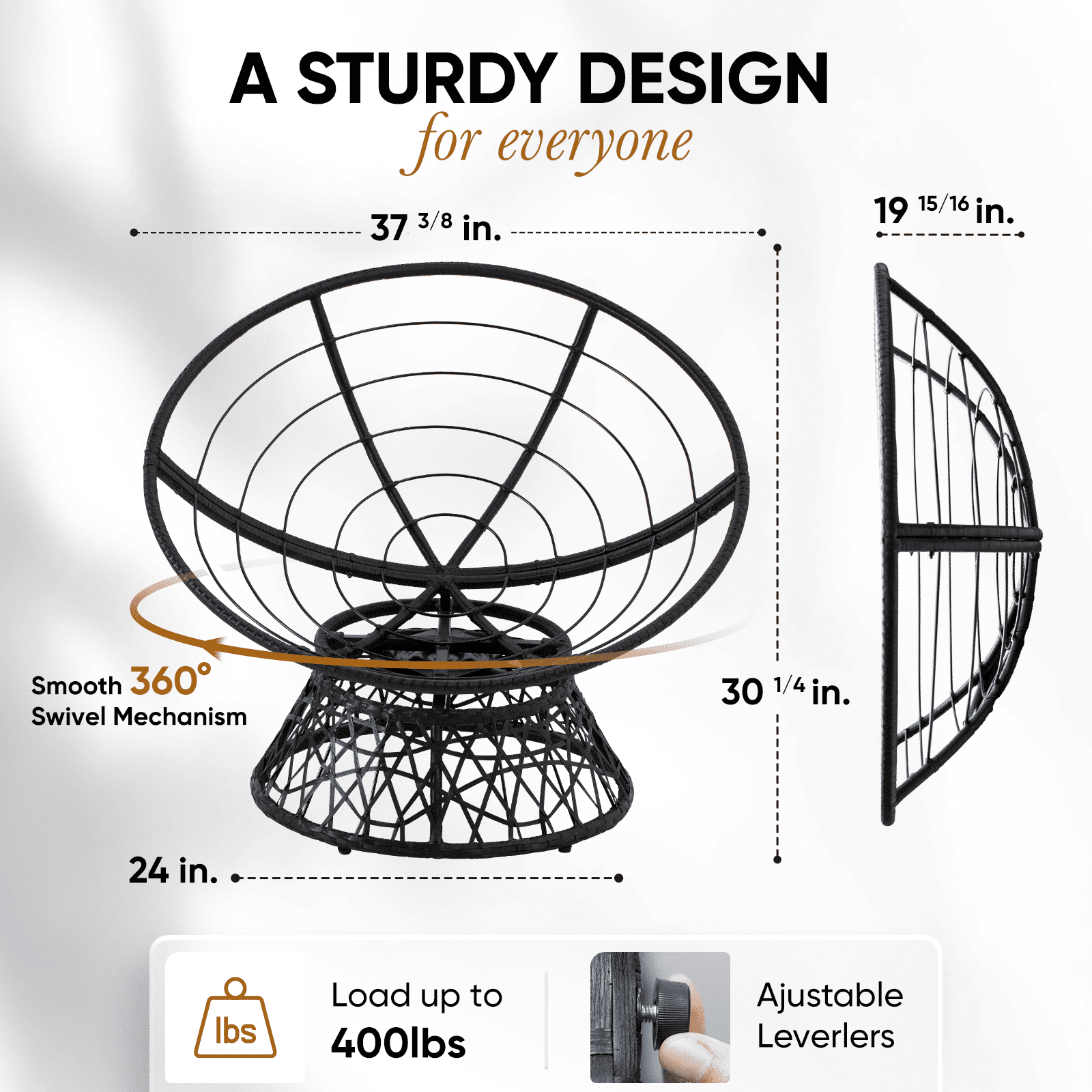 Bme 360 Swivel Comfy Papasan Chair with Fabric Cushion, Sturdy Metal Frame (Cream Vanilla - Black Frame)