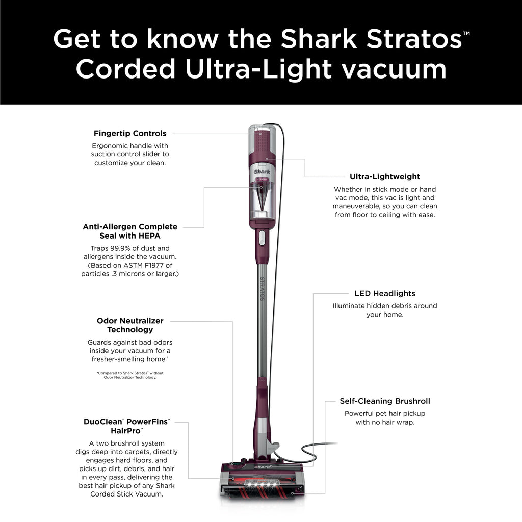 Shark Stratos™ UltraLight™ Corded Stick Vacuum with DuoClean® PowerFins™ HairPro™, Self-Cleaning Brushroll, and Odor Neutralizer Technology, HZ3000