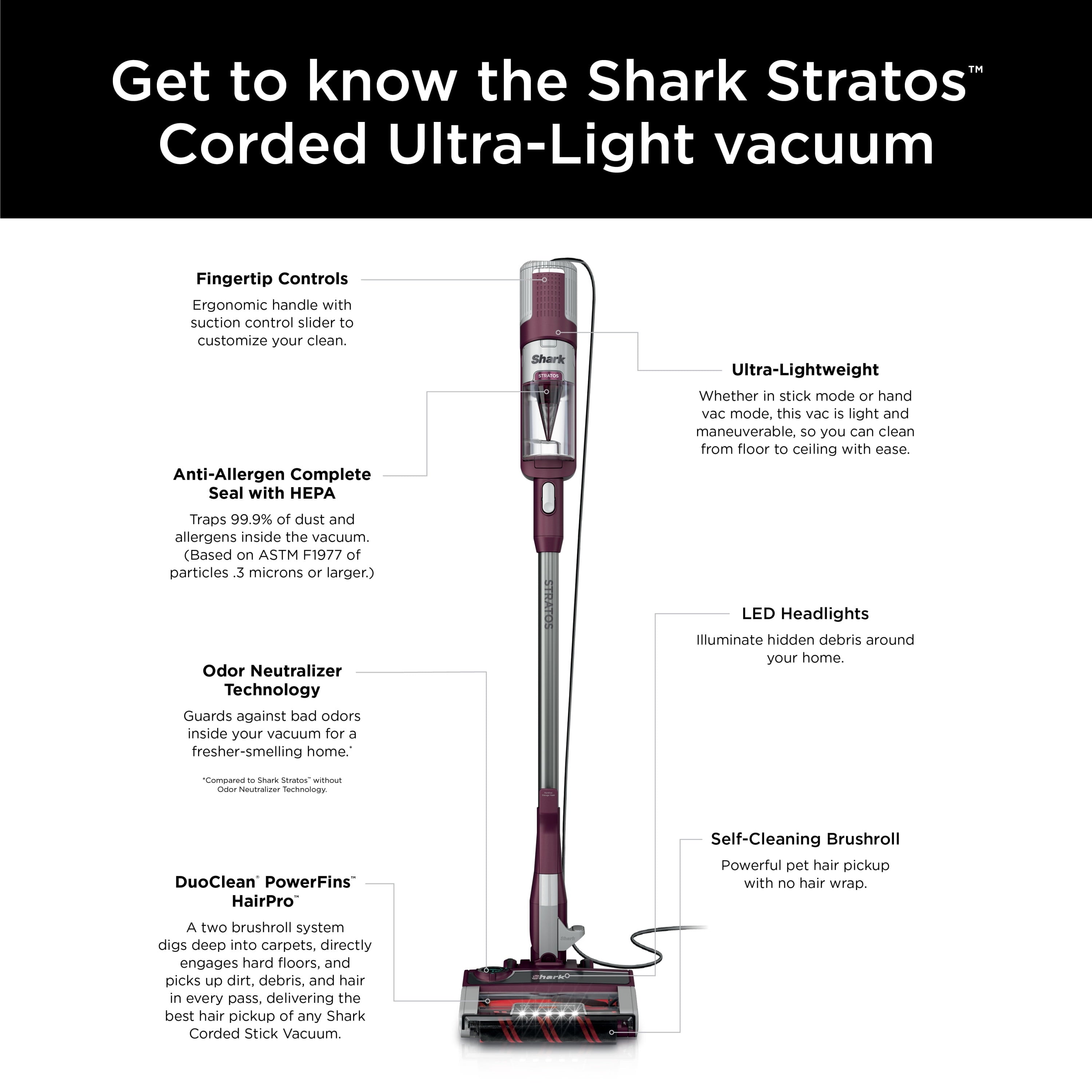 Shark Stratos™ UltraLight™ Corded Stick Vacuum with DuoClean® PowerFins™ HairPro™, Self-Cleaning Brushroll, and Odor Neutralizer Technology, HZ3000