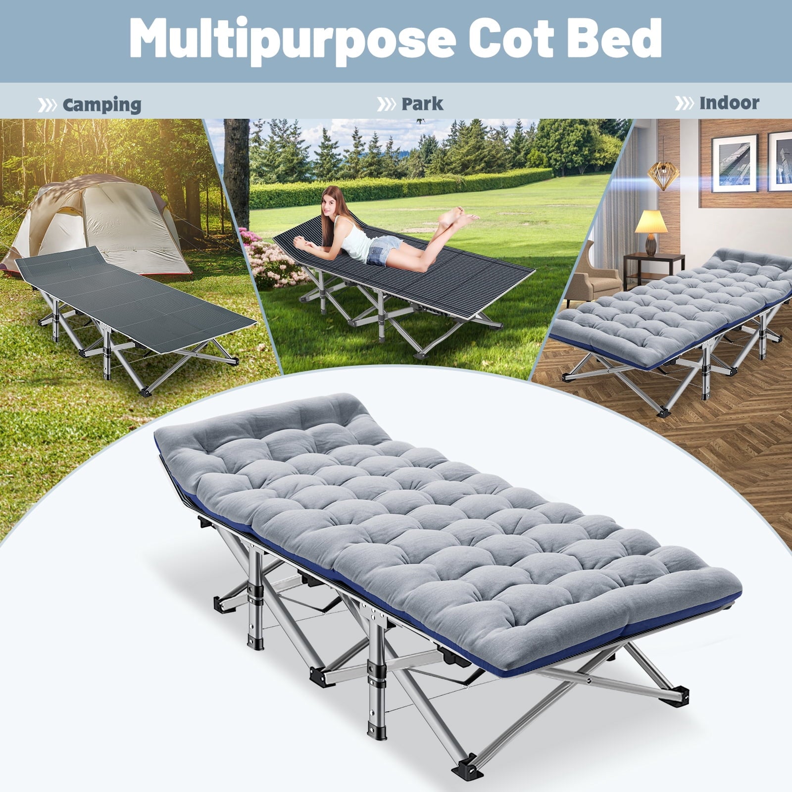MOPHOTO 75" Portable Folding Bed for Adults, Rollaway Guest Bed Sleeping Cot with Mattress, Heavy Duty Outdoor Camping Cot with Carry Bag