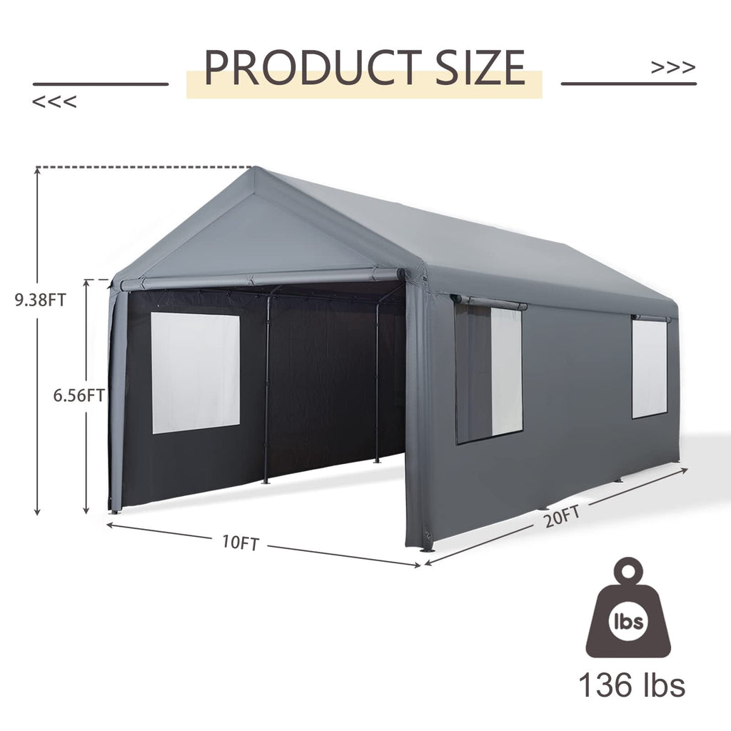 Gardesol Carport, 12'x20' Extra Large Heavy Duty Carport with Removable Sidewalls & Doors, Portable Garage Car Canopy for Car, Truck, SUV, Beige