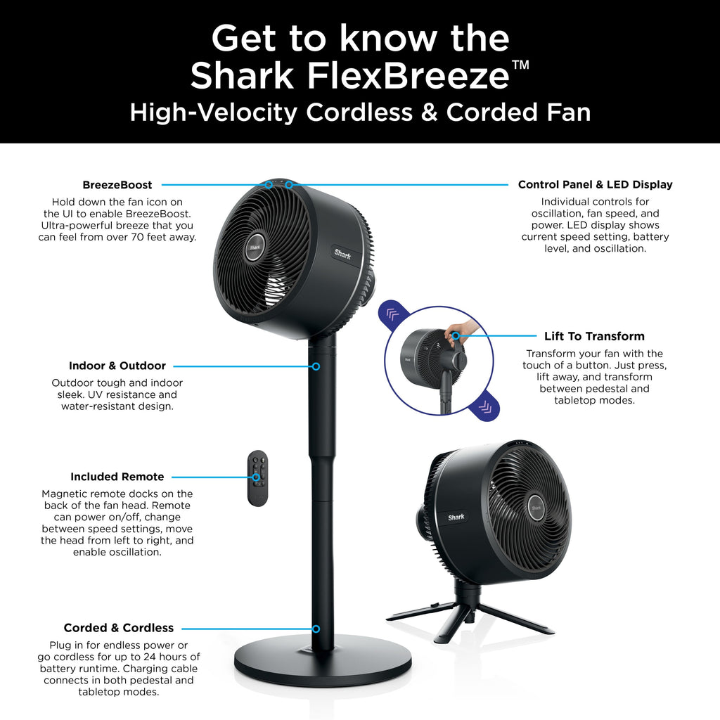 Shark FlexBreeze High-Velocity Cordless & Corded, Outdoor & Indoor Fan, Pedestal (37") to Tabletop (16"),FA200