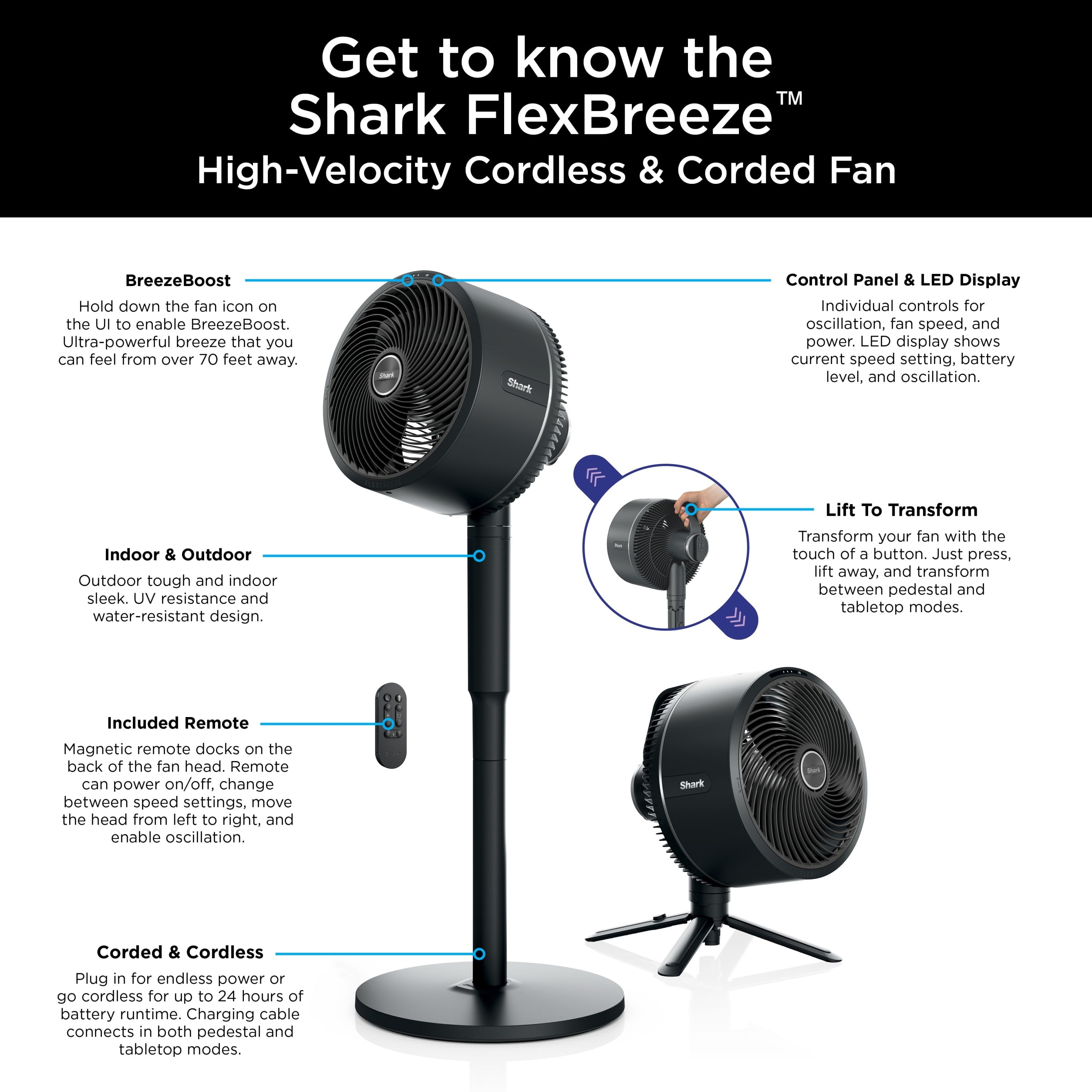 Shark FlexBreeze High-Velocity Cordless & Corded, Outdoor & Indoor Fan, Pedestal (37") to Tabletop (16"),FA200